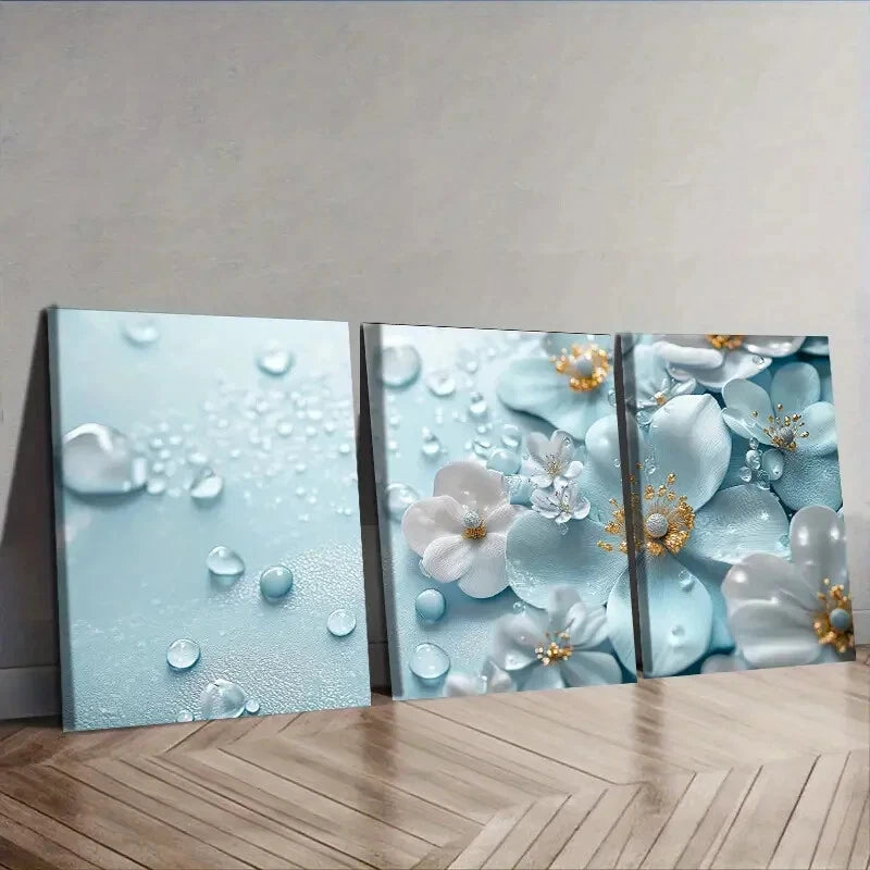 3-Piece Turquoise Glass Flowers Wall Art Set - Framed Canvas 40x60cm (16x24in) - High Quality Print - 100% Australian Made - Ready to Hang - Perfect for Living Room, Bedroom & Office Decor