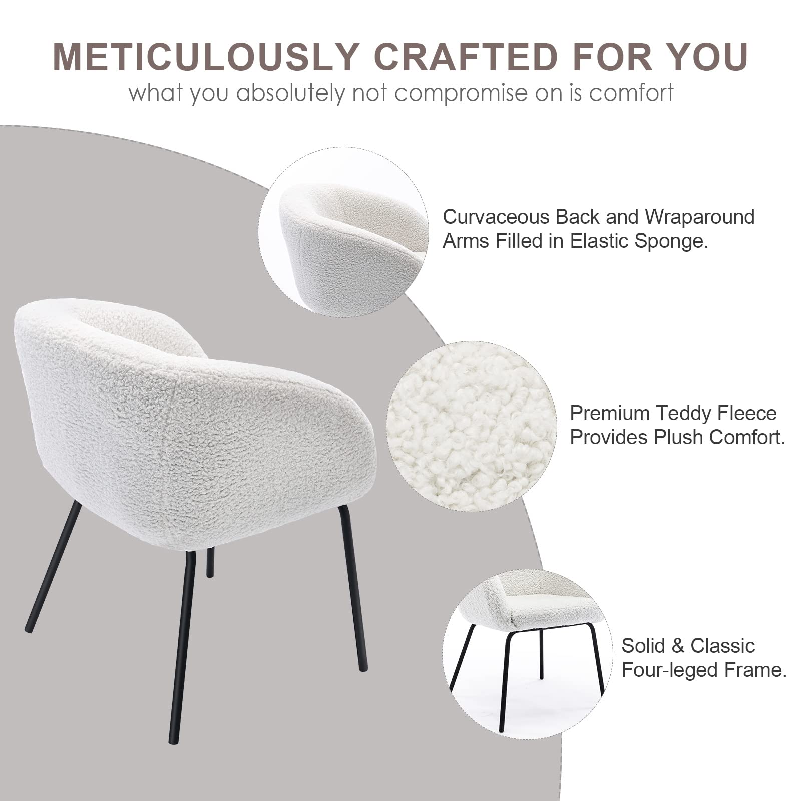 Zesthouse Modern Sherpa Desk Chair with Arms - Upholstered Vanity Chair with Back Support for Makeup, Bedroom, Living Room - Barrel Accent Armchair with Sturdy Metal Legs (No Wheels, White) - Perfect for Home Office, Dressing Room & Cozy Reading Nook