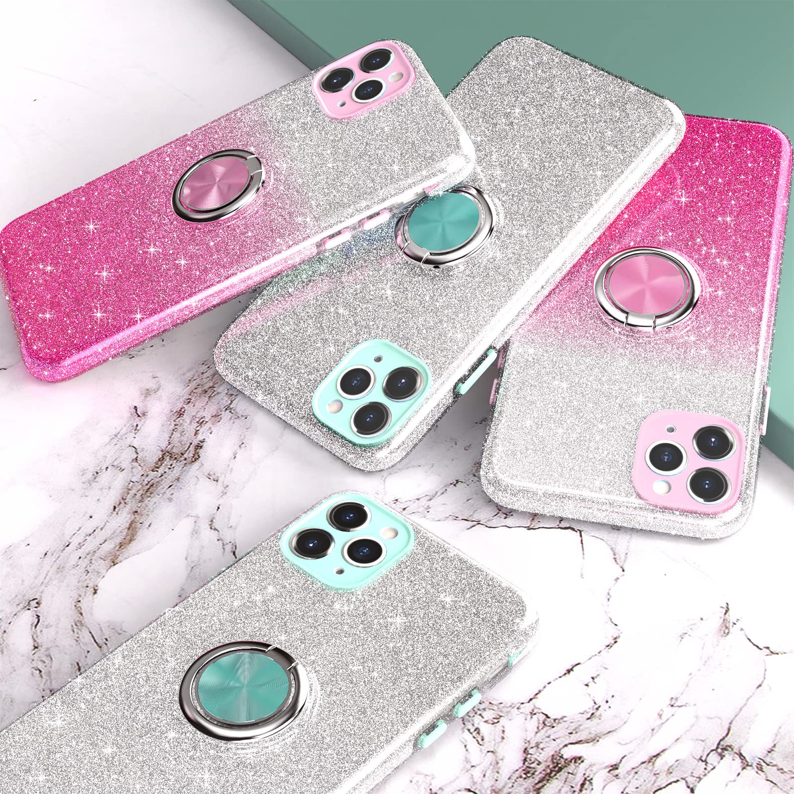Sparkly Glitter iPhone 11 Pro Max Case with 360° Ring Holder & Magnetic Car Mount - Slim Shock-Absorbent Protective Cover for Women (6.5