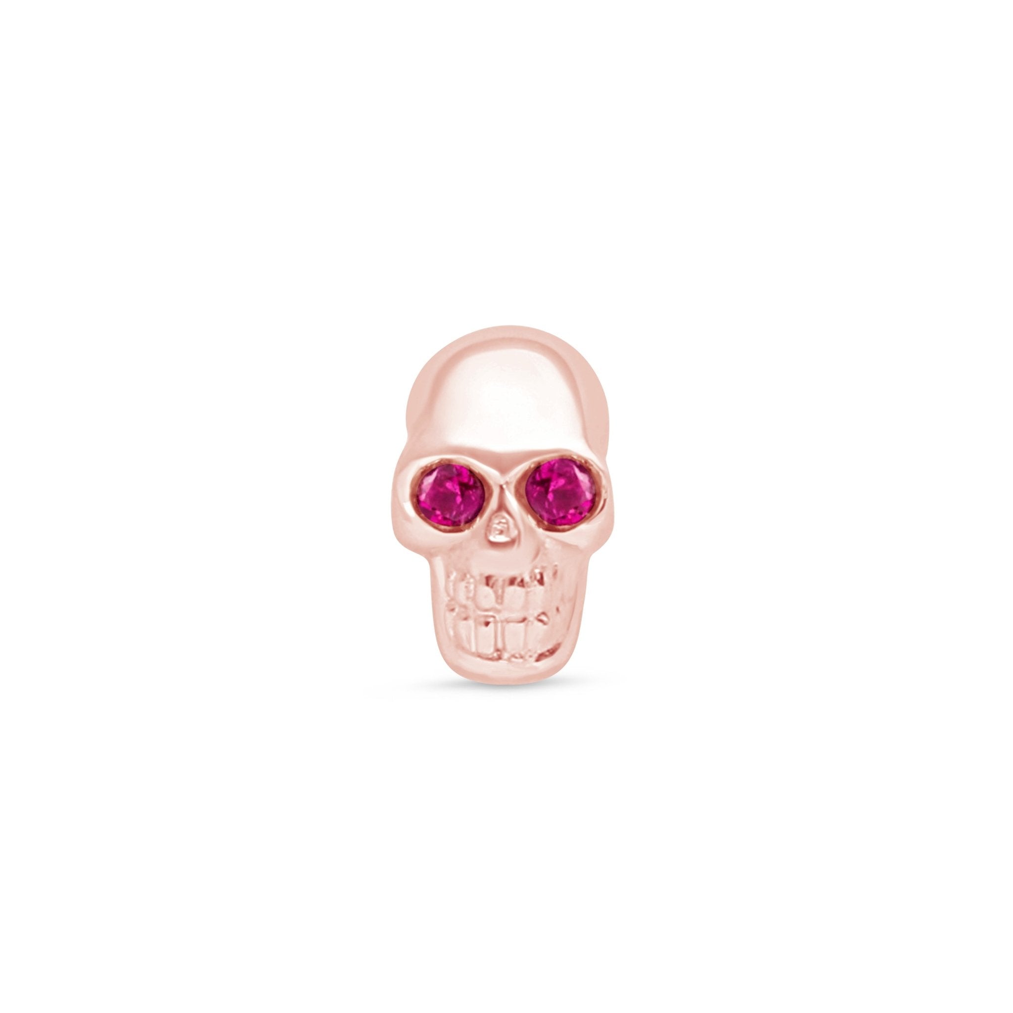 14K Rose Gold Pink Ruby Eye Skull Flat Back Stud Earrings - Gothic Jewelry for Women, Perfect for Halloween, Costume Parties & Punk Fashion