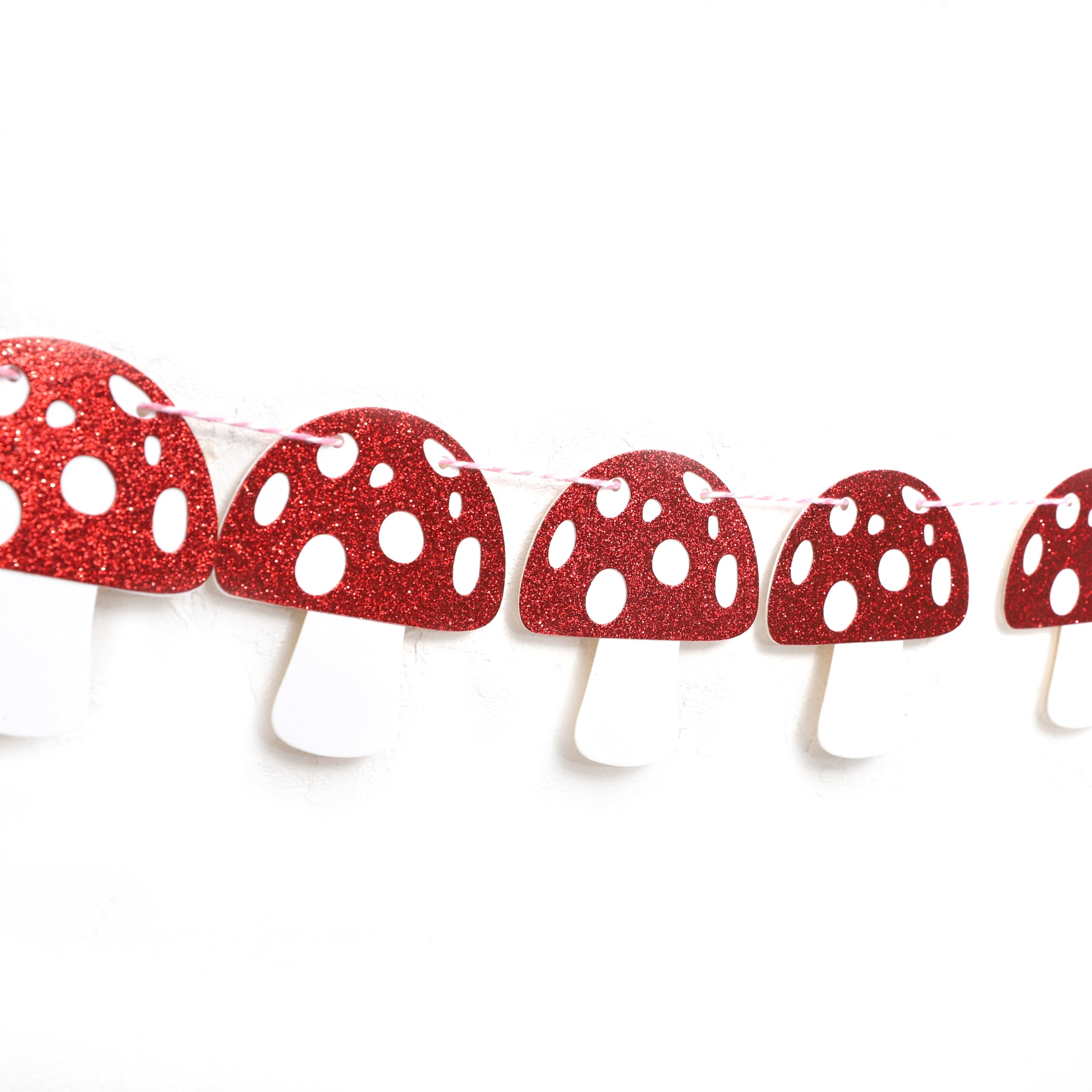 Red Glitter Mushroom Garland - Woodland Party Decorations, Fairy Birthday Banner, Mushroom Theme Party Supplies for Forest Themed Events, Baby Showers & Boho Home Decor