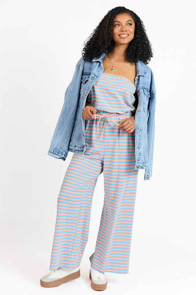 Elegant Coral & Blue Striped Strapless Jumpsuit for Women - Summer Beach Party, Vacation Outfit, Nightclub Wear - FINAL SALE