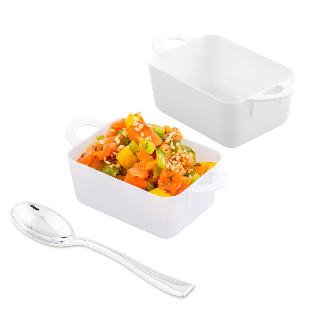 100-Pack 3 oz Rectangle White Plastic Ramekins with 100 Silver Mini Plastic Spoons - Perfect for Desserts, Appetizers, and Party Serving