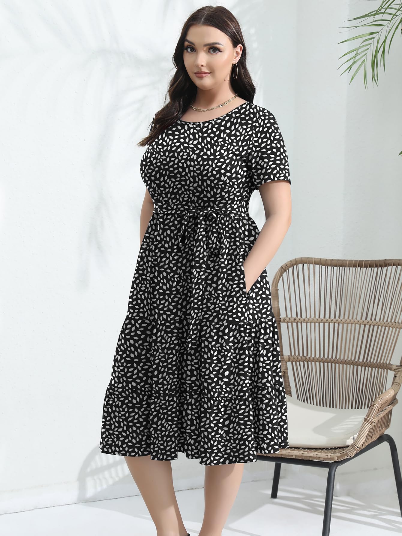 Elegant Plus Size Floral Midi Dress for Women 2025 - Tiered Flowy Modest Wedding Guest Dress with Belt & Pockets | Perfect for Bridal Showers, Garden Parties & Formal Events
