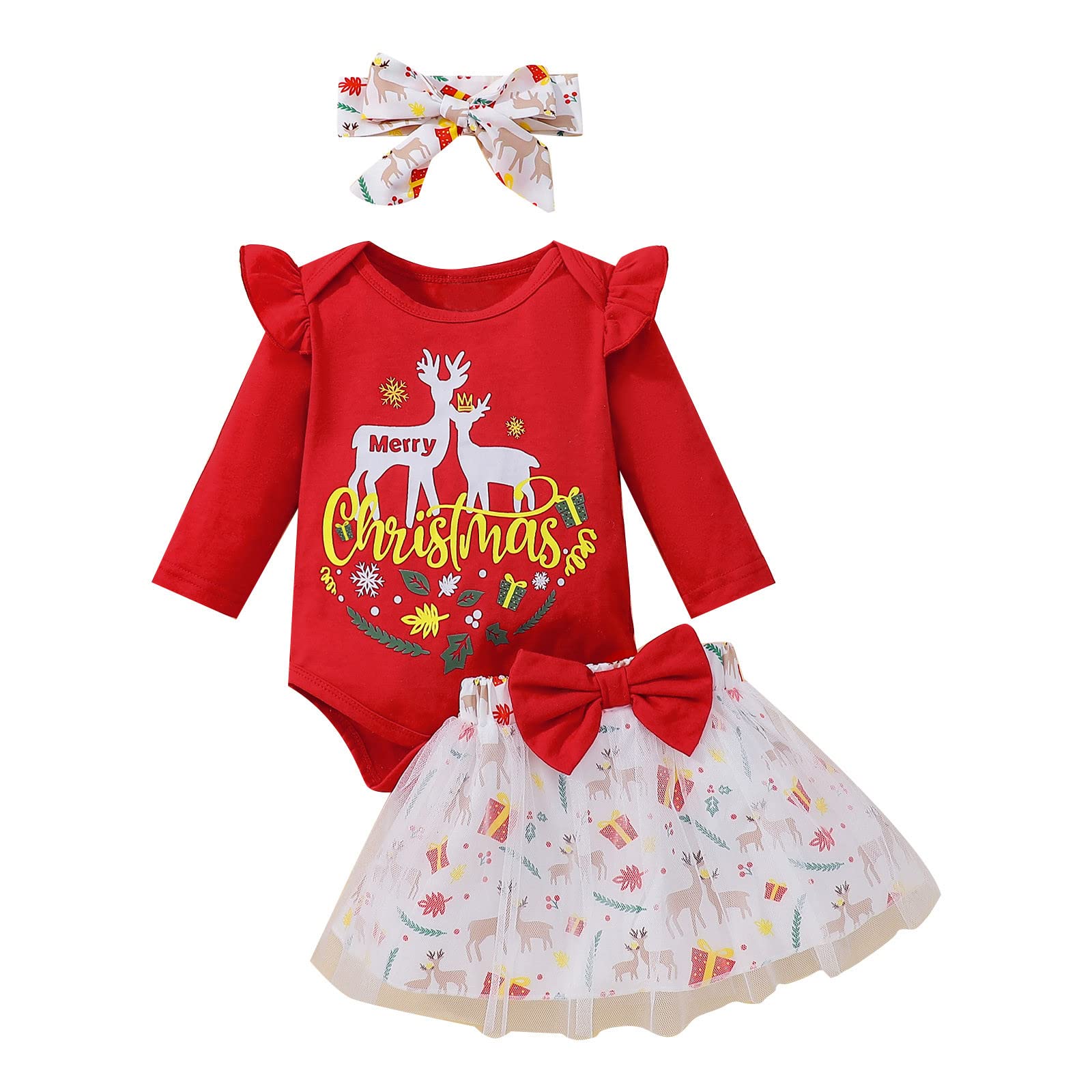 MVNB Baby Girls Christmas Outfit - Long Sleeve Deer Print Romper with Tulle Skirt & Headband Set | Holiday Photo Shoot, Family Gathering, Christmas Party Attire
