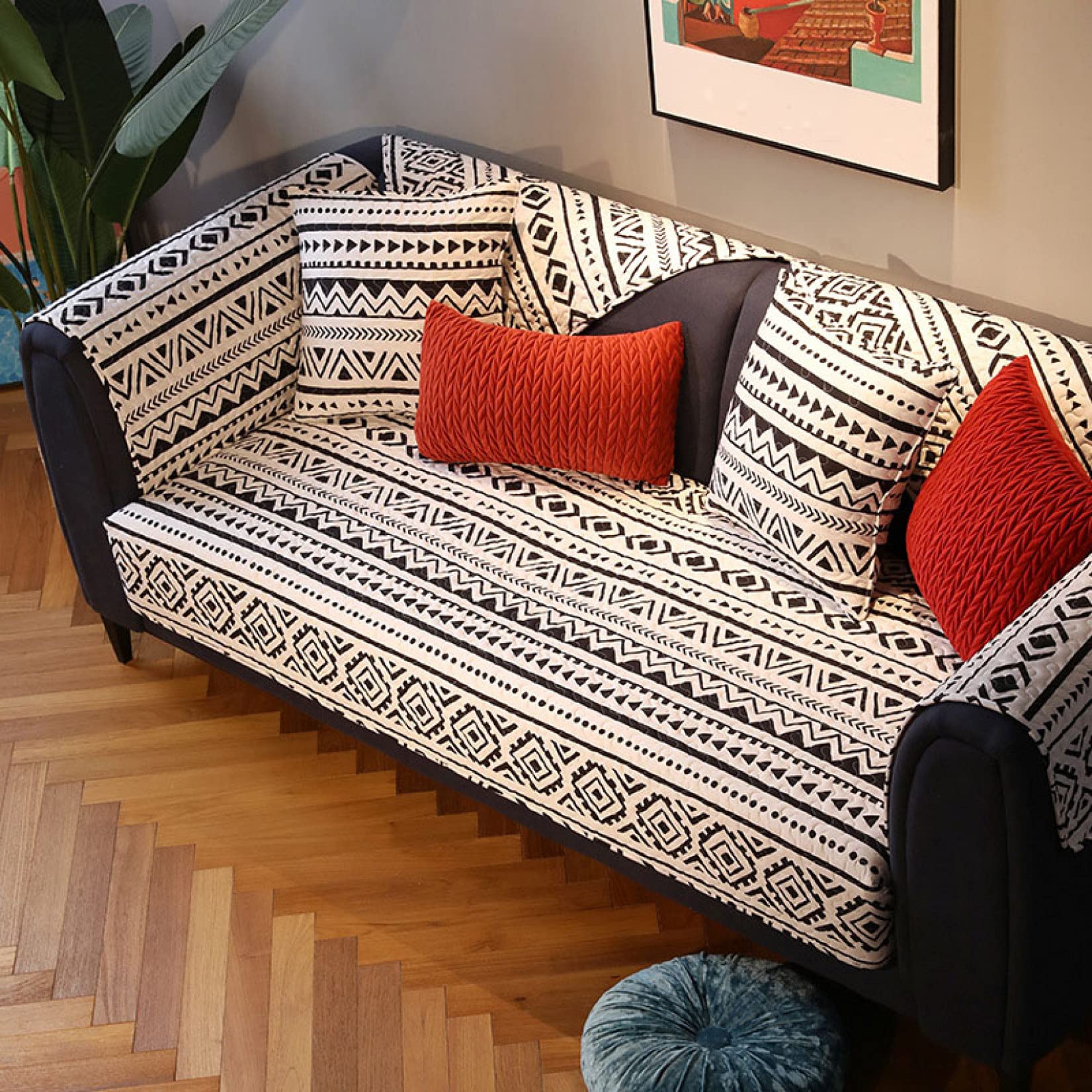 U-Shaped Elastic Couch Slipcover - Breathable Cotton Sofa Cover with Stain Protection for Sectional Couches - Perfect for Living Room, Home Decor & Furniture Protection