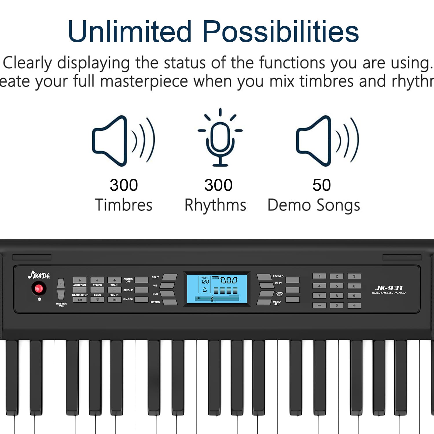 61-Key Portable Electric Piano Keyboard with LCD Screen, Built-In Speakers & 300 Timbres - Perfect for Beginners, Home Practice & Live Performances - Includes Stand, Stool, Headphones & Microphone