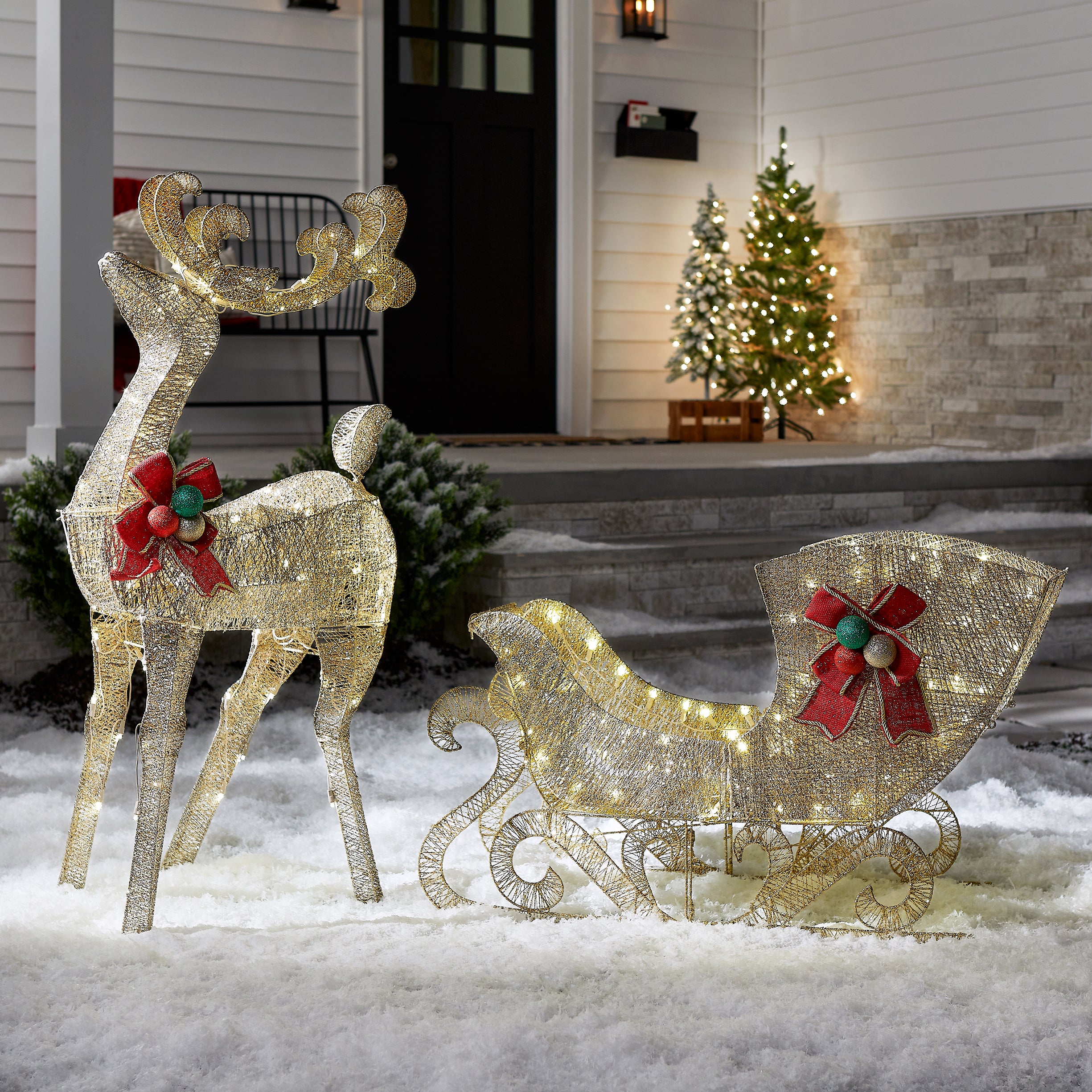 48 Inch Champagne Gold Reindeer Pulling 38 Inch Sleigh - Christmas Holiday Decoration for Home, Yard, and Party Decor