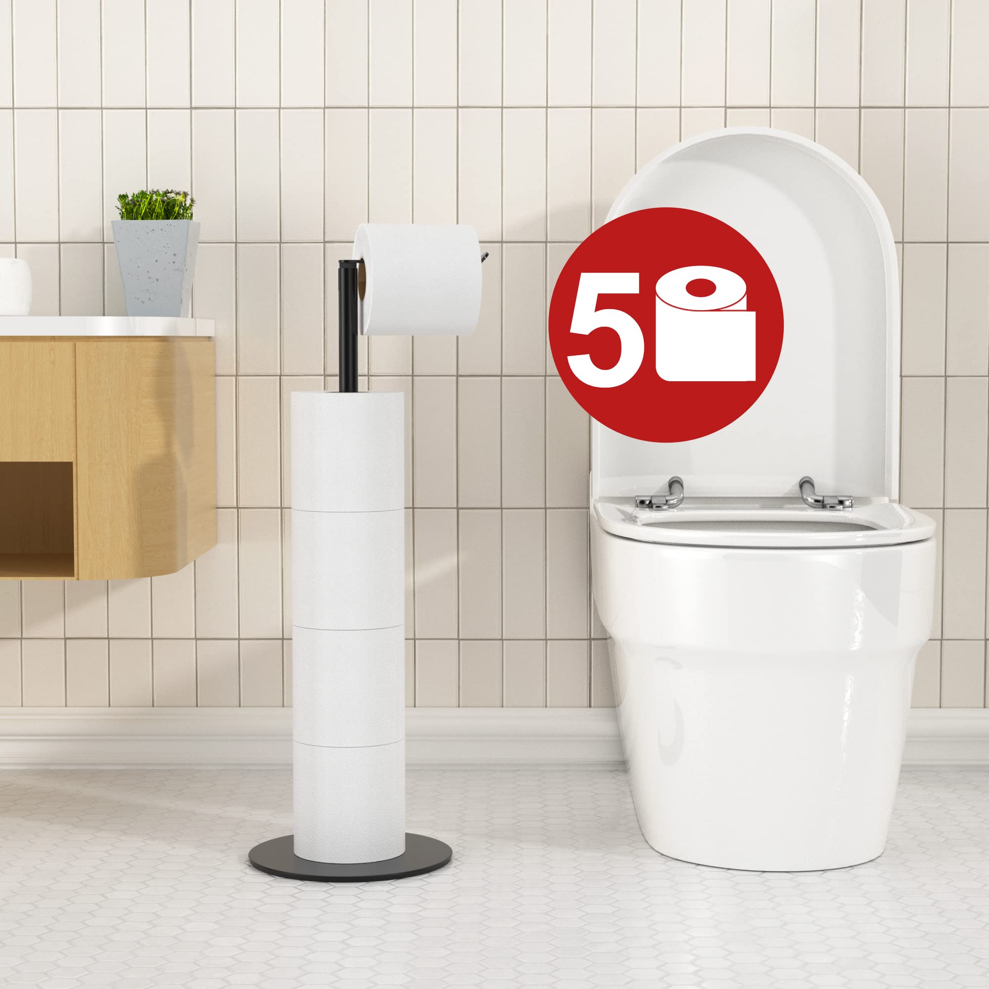 Stainless Steel Free-Standing Toilet Paper Holder with Weighted Base - Holds 4 Spare Rolls - Bathroom Tissue Dispenser & Storage Shelf for Home, Office, or Guest Bathroom