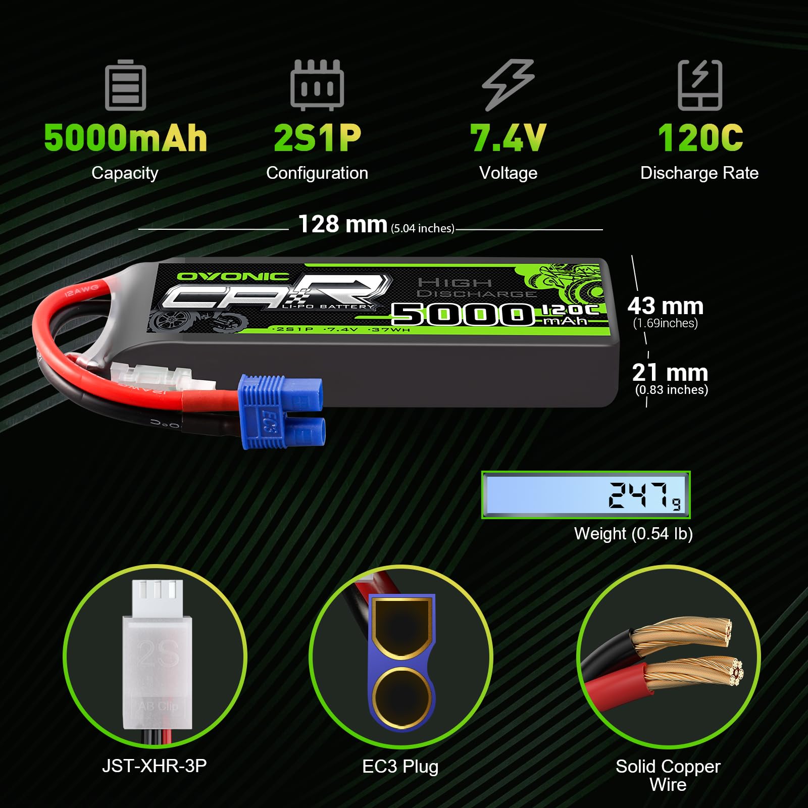 OVONIC 2-Pack 5000mAh 2S Lipo Battery 7.4V 120C High Performance RC Battery with EC3 Connector for 1/10 Scale RC Cars, Trucks, Truggies - Perfect for Racing, Off-Roading and RC Vehicle Competitions