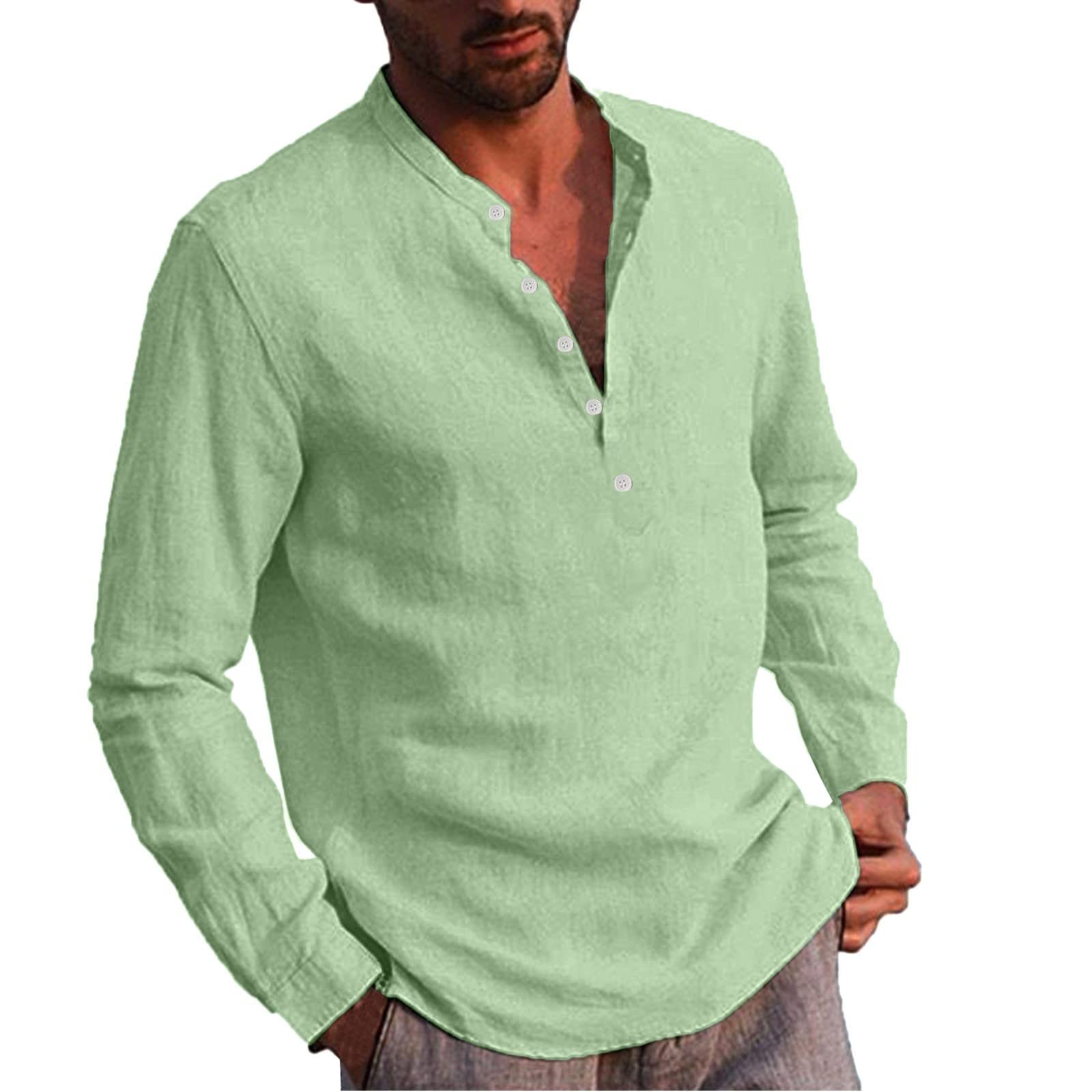 Men's Cotton Linen Button-Up Shirt - V-Neck Long Sleeve Henley Top with Stand Collar | Casual & Business Wear | Office, Dating & Outdoor Activities