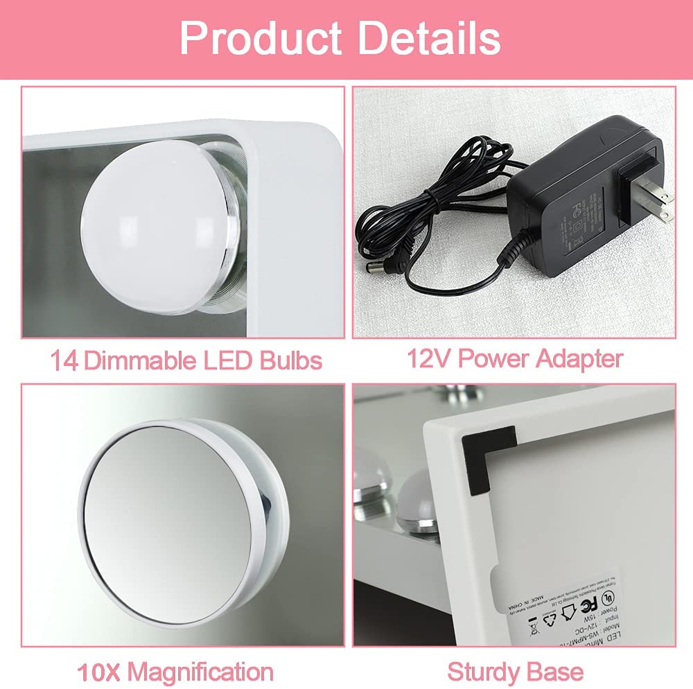 Depuley 20x16 Inch Hollywood Vanity Mirror with LED Lights - 3 Color Dimmable Modes, Removable Magnifying Mirror (50x40cm) - Perfect for Makeup, Skincare & Salon Professional Use