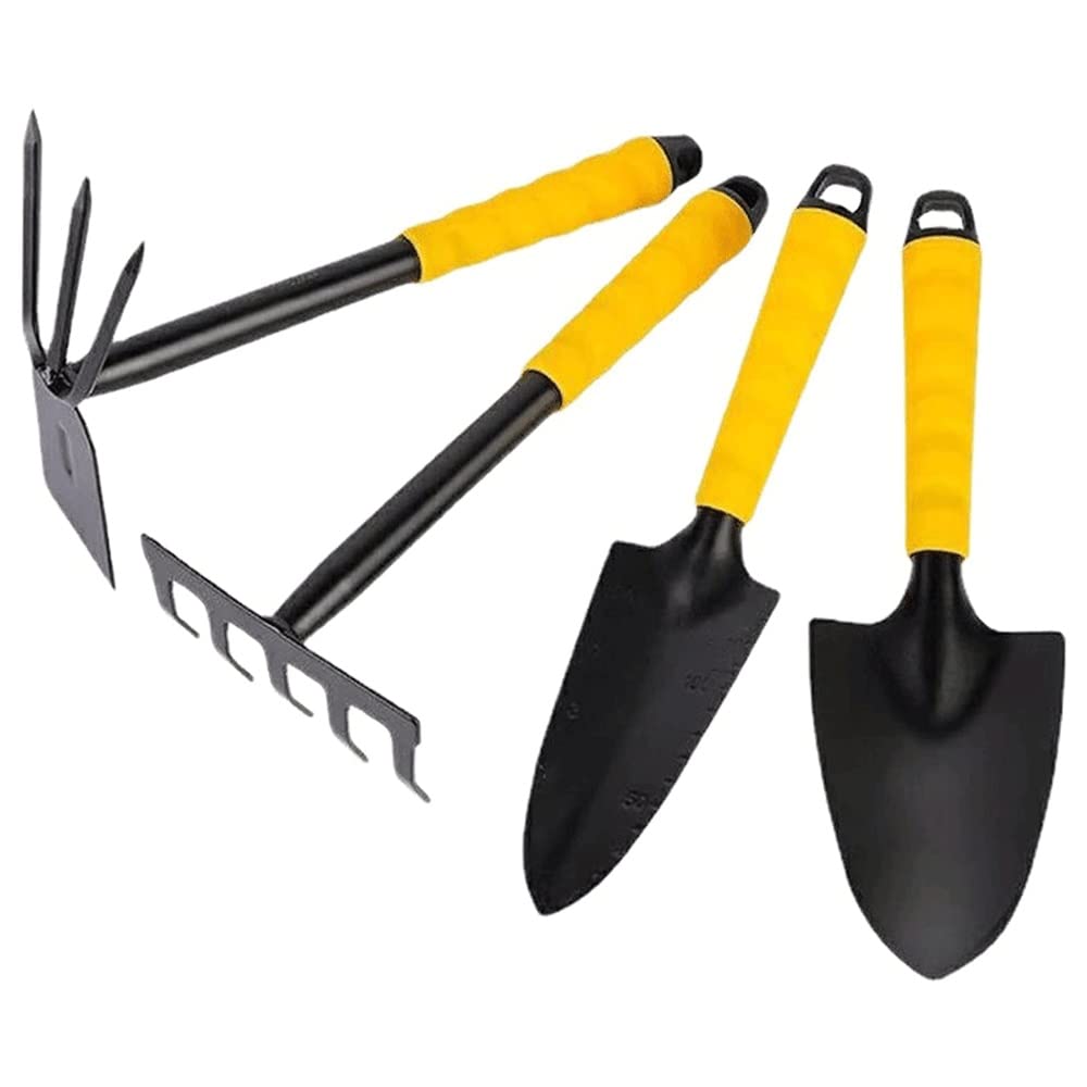 Premium 4-Piece Gardening Tools Set - Heavy Duty High Carbon Steel Hand Trowel, Transplant Trowel & Cultivator Rake - Ideal Garden Kit for Women & Men - Perfect for Planting, Weeding & Soil Cultivation in Home Gardens, Backyards & Flower Beds
