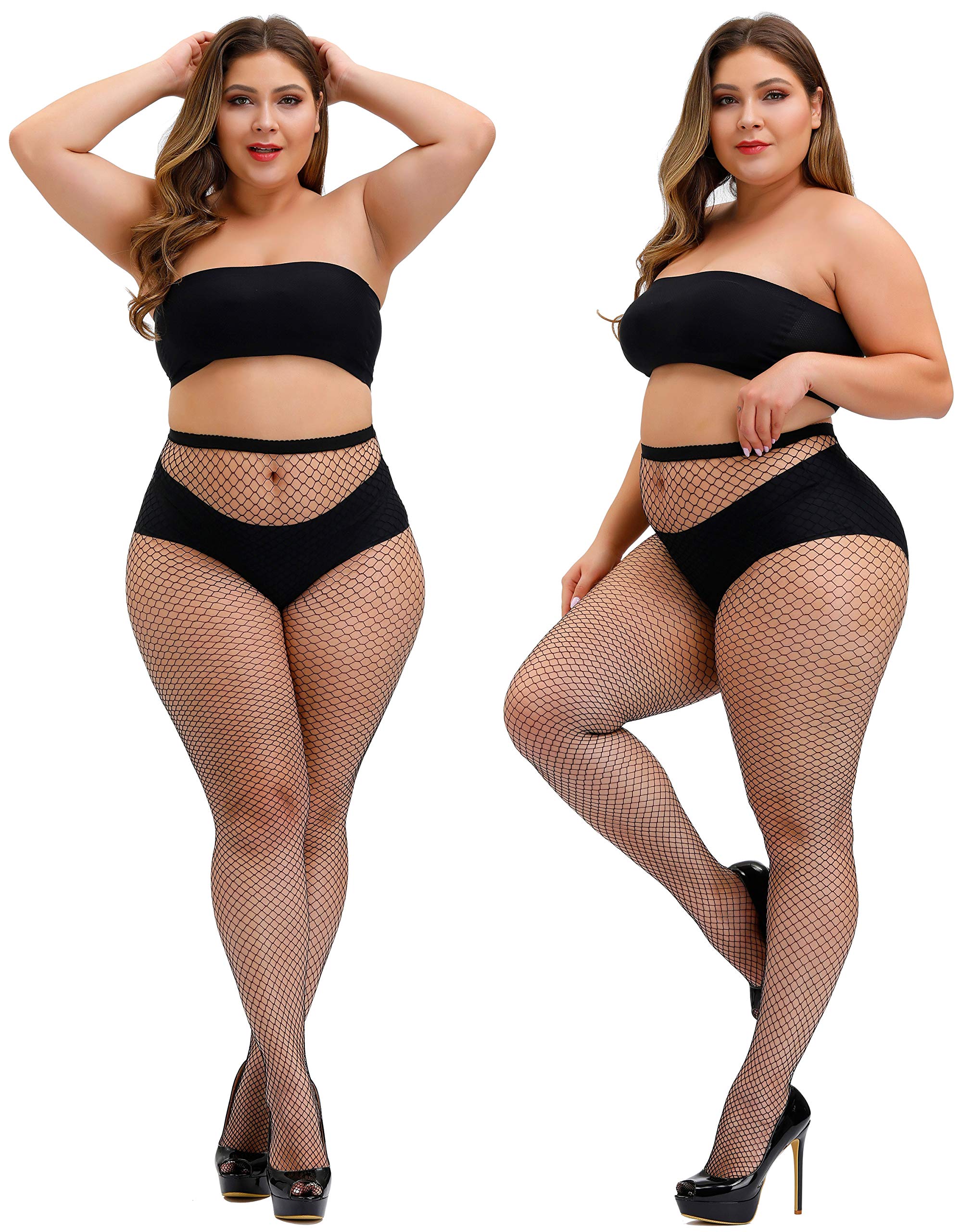 TGD Women's Fishnet Stockings - Sexy Thigh High Tights Pantyhose, Plus Size, 2 Pairs - Perfect for Halloween, Cosplay, and Night Out Outfits