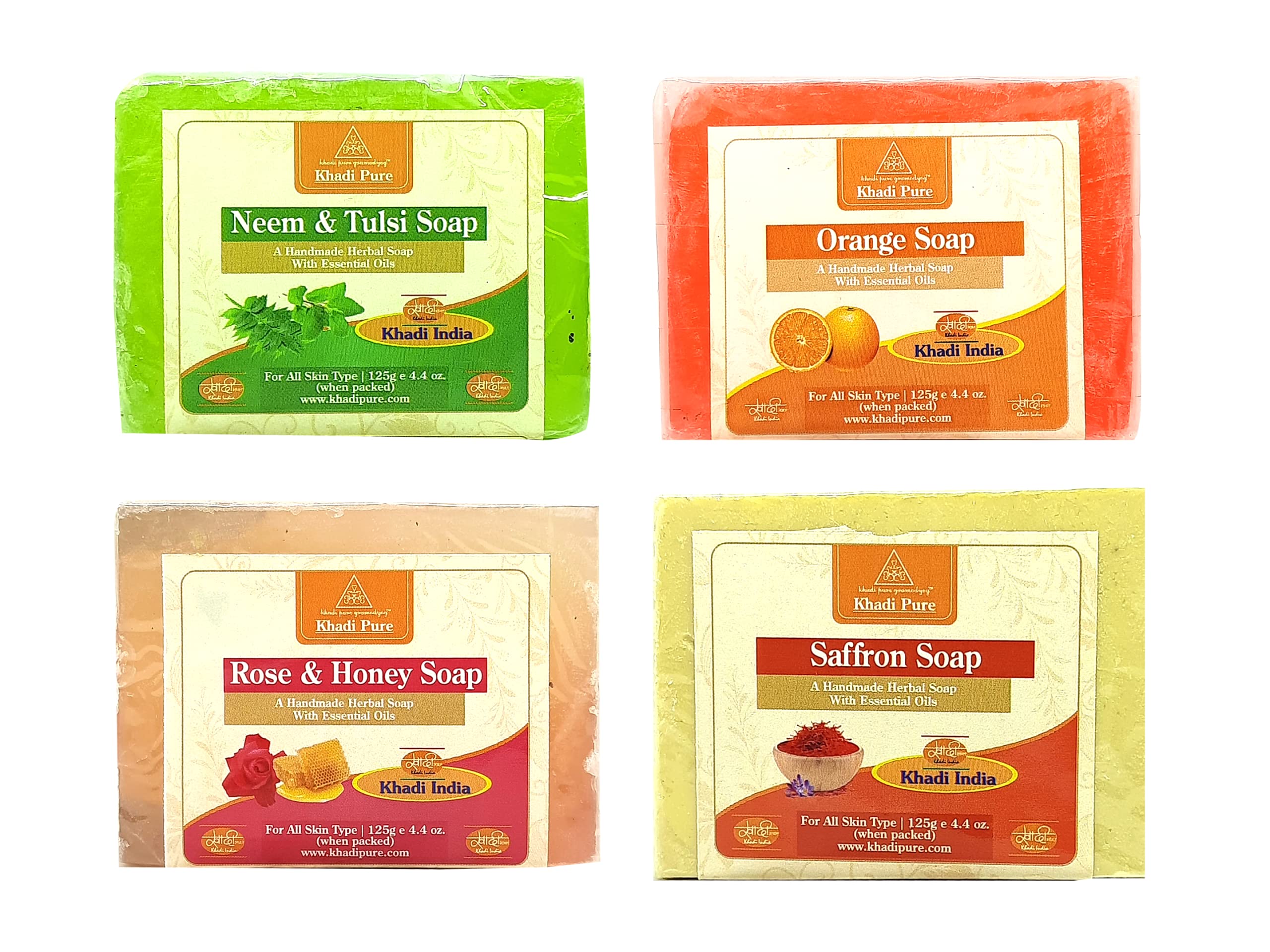 Khadi Pure Neem Tulsi, Orange, Rose Honey & Saffron Soap - 125g (Pack of 4) | Natural Ayurvedic Herbal Soap for Glowing Skin & Acne Treatment | Perfect for Daily Cleansing, Sensitive Skin & Spa Relaxation