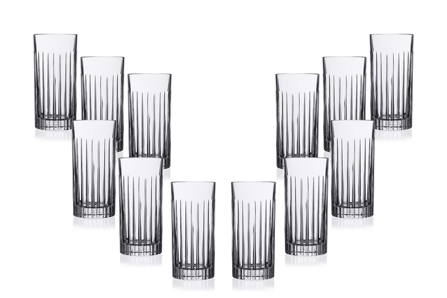 Premium 15 Oz Highball Glasses Set of 12 - Elegant Crystal Cut Design for Cocktails, Whiskey, Iced Tea & Entertaining - Durable Modern Glassware for Home Bar, Parties & Gifts