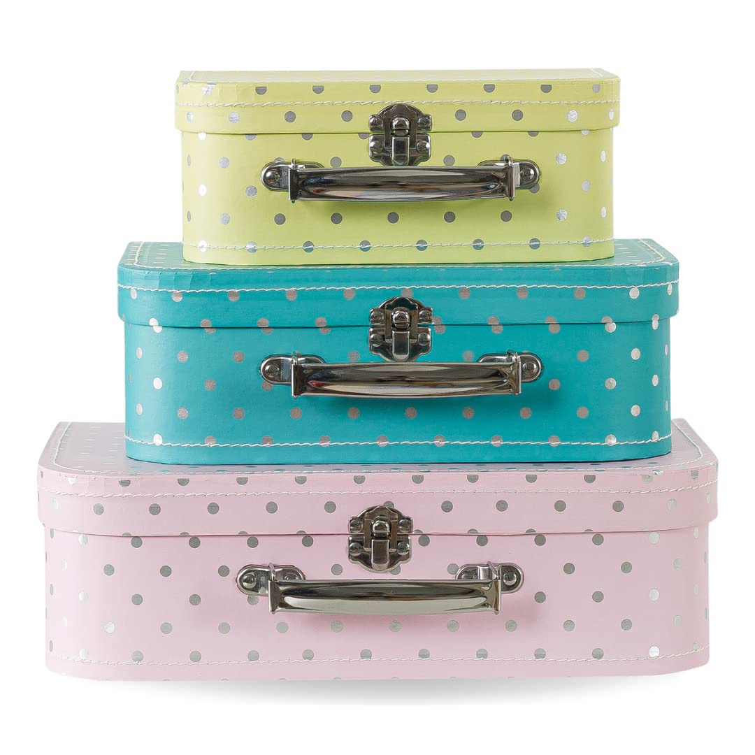 Soul & Lane Cardboard Nesting Boxes Set of 3 - Vintage Pastel Dotted Decorative Storage Suitcases | Wedding Favors, Bridal Shower Party Decor, Photo Props & Home Organization | Perfect for Gift Wrapping, Jewelry Storage & Display