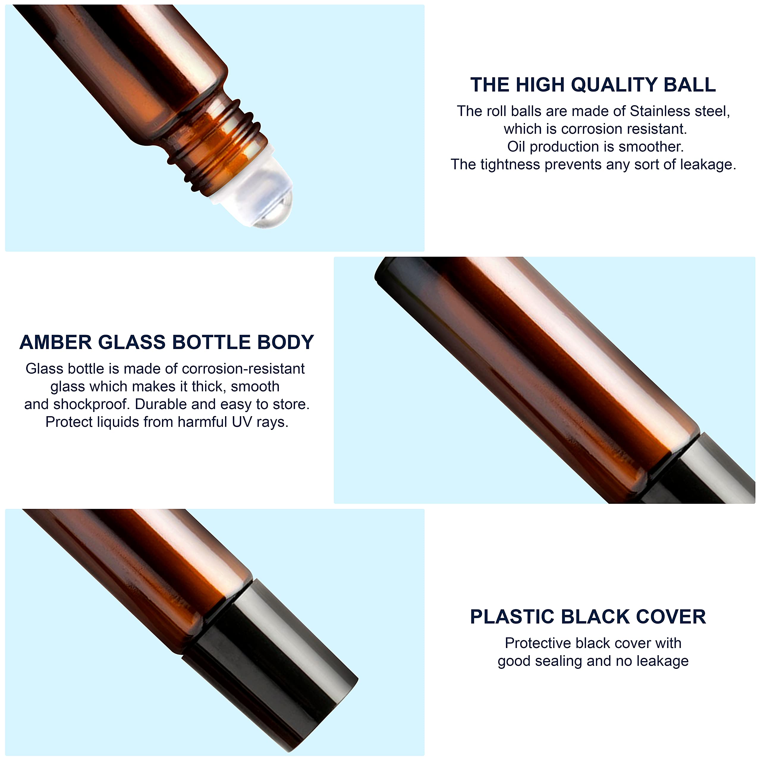 10ml Empty Amber Glass Roll On Bottles with Black Cap - Refillable Essential Oil Bottles, Perfume Roller Bottles | Eco-Friendly, Leakproof & Reusable (Pack of 6) for Aromatherapy, DIY Skincare & Travel