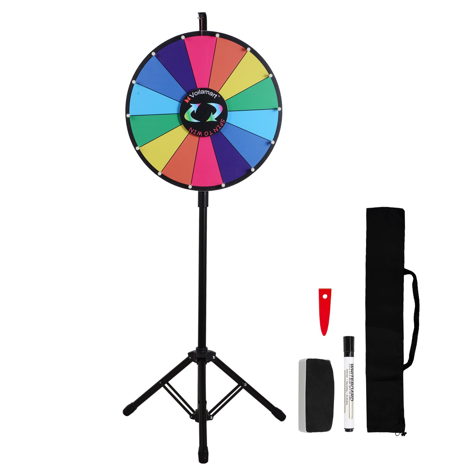 Voilamart 24 Inch Prize Wheel with Folding Tripod Stand - Adjustable Height 14-Slot Dry Erase Spinner Game for Trade Shows, Carnivals & Classroom Activities - Includes Marker Pen & Eraser for Fortune Wheel Fun