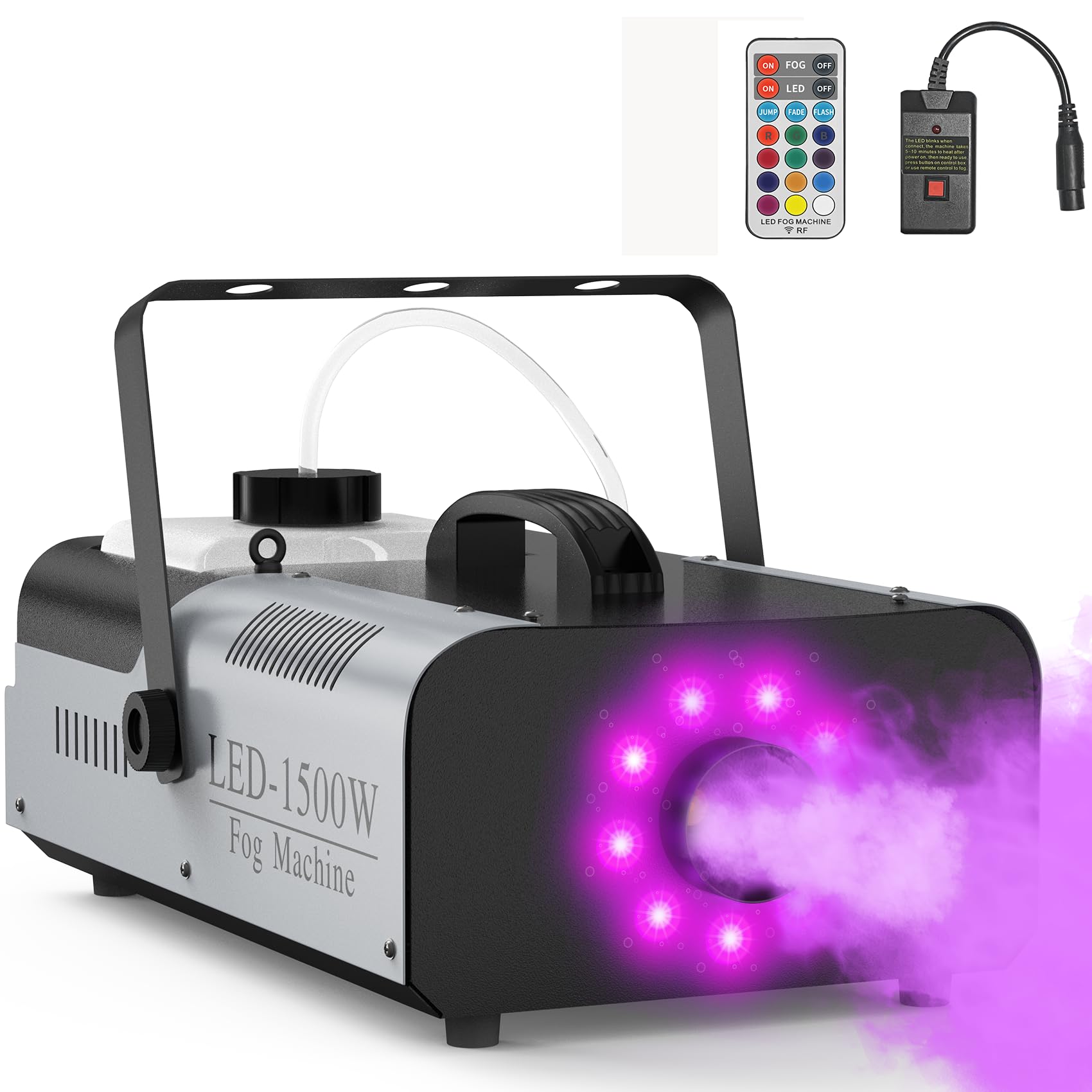 1500W High Power Fog Machine with Remote Control & 9 LED Lights - 12 RGB Color Effects for Halloween Parties, Stage Shows, Disco Clubs, Wedding Decorations, and Home Disinfection | Indoor/Outdoor Use for Events & Entertainment