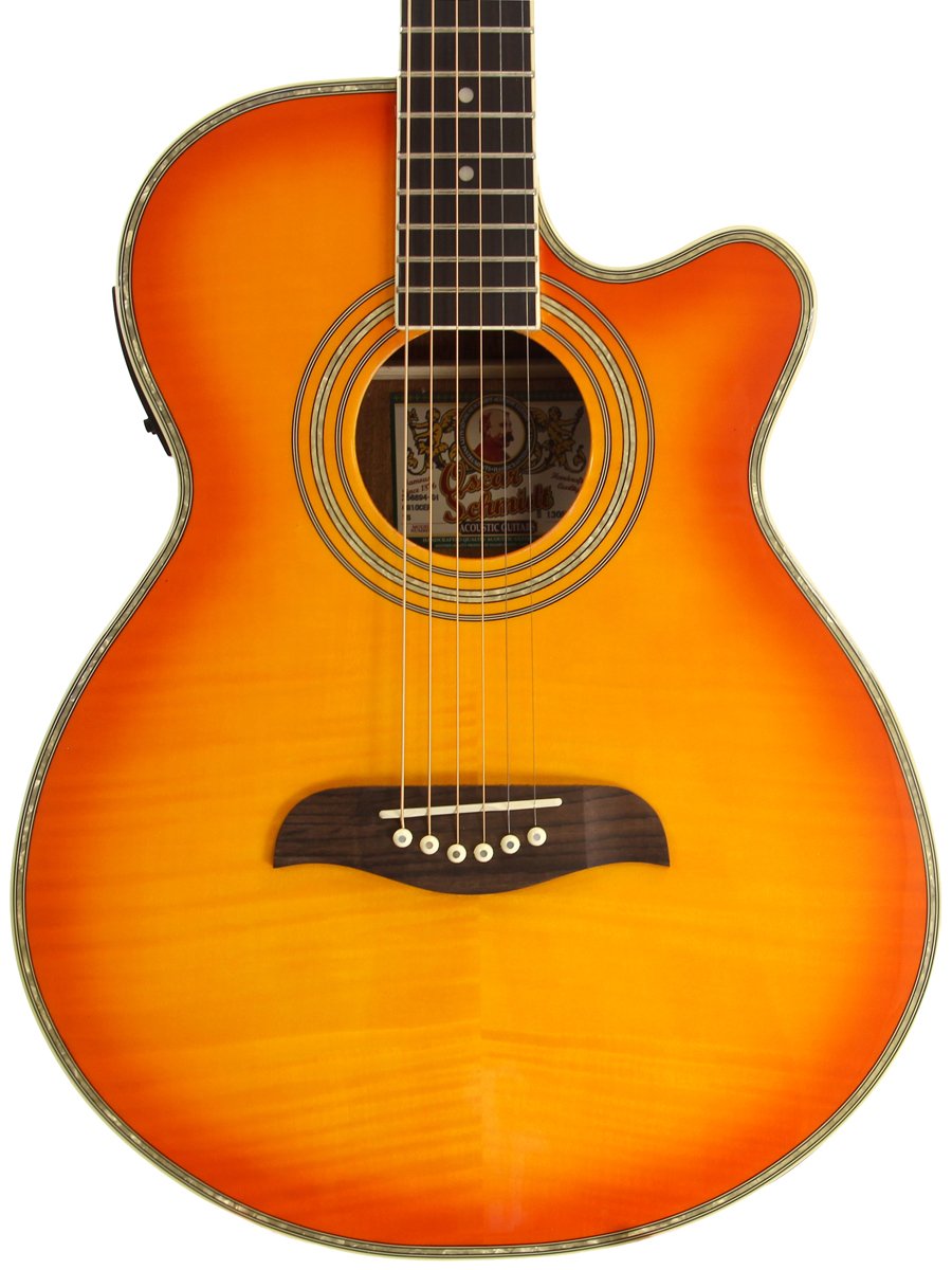 Oscar Schmidt by Washburn OG10CE Concert-Size Cutaway Acoustic-Electric Guitar with Gig Bag, Stand & Strings - Flame Yellow Sunburst | Perfect for Performances, Recording & Traveling Musicians