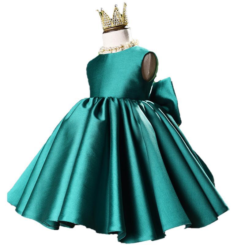 Elegant Princess Satin Flower Girl Dress with Bow & Ruffle Details - Perfect for Weddings, Pageants & Special Occasions