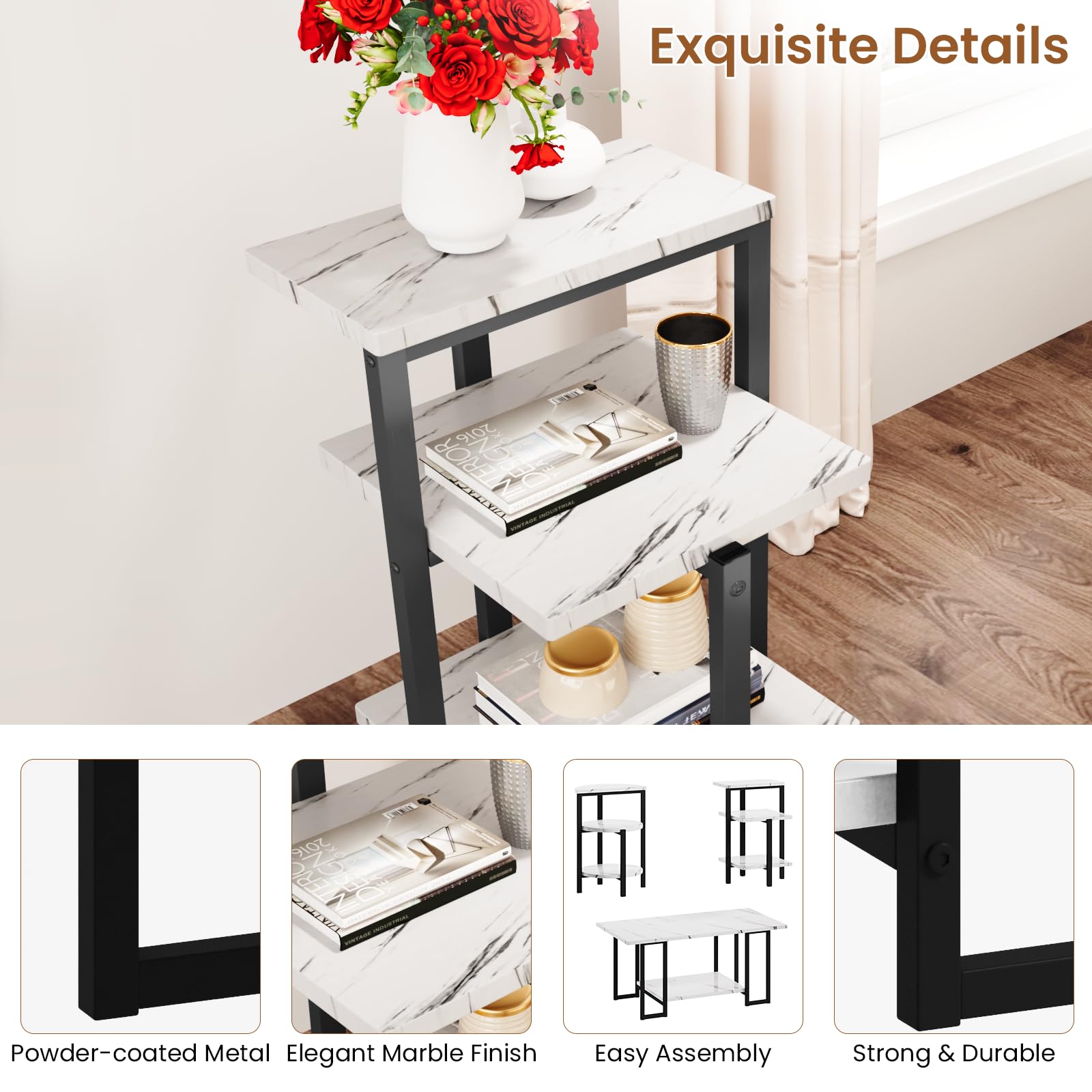 3-Piece Faux Marble Coffee Table Set - White Tabletop & Black Metal Frame Living Room Tables (Coffee Table + 2 End Tables) - Perfect for Modern Apartments, Small Spaces & Lounge Areas