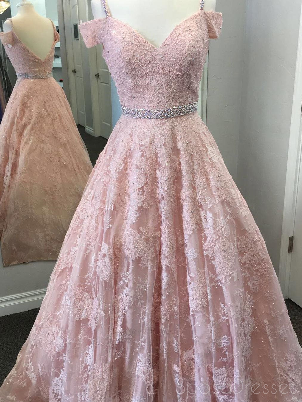 Elegant Backless Pink Off Shoulder Lace Beaded Ball Gown Long Evening Prom Dress - Perfect for Formal Events, Weddings & Special Occasions