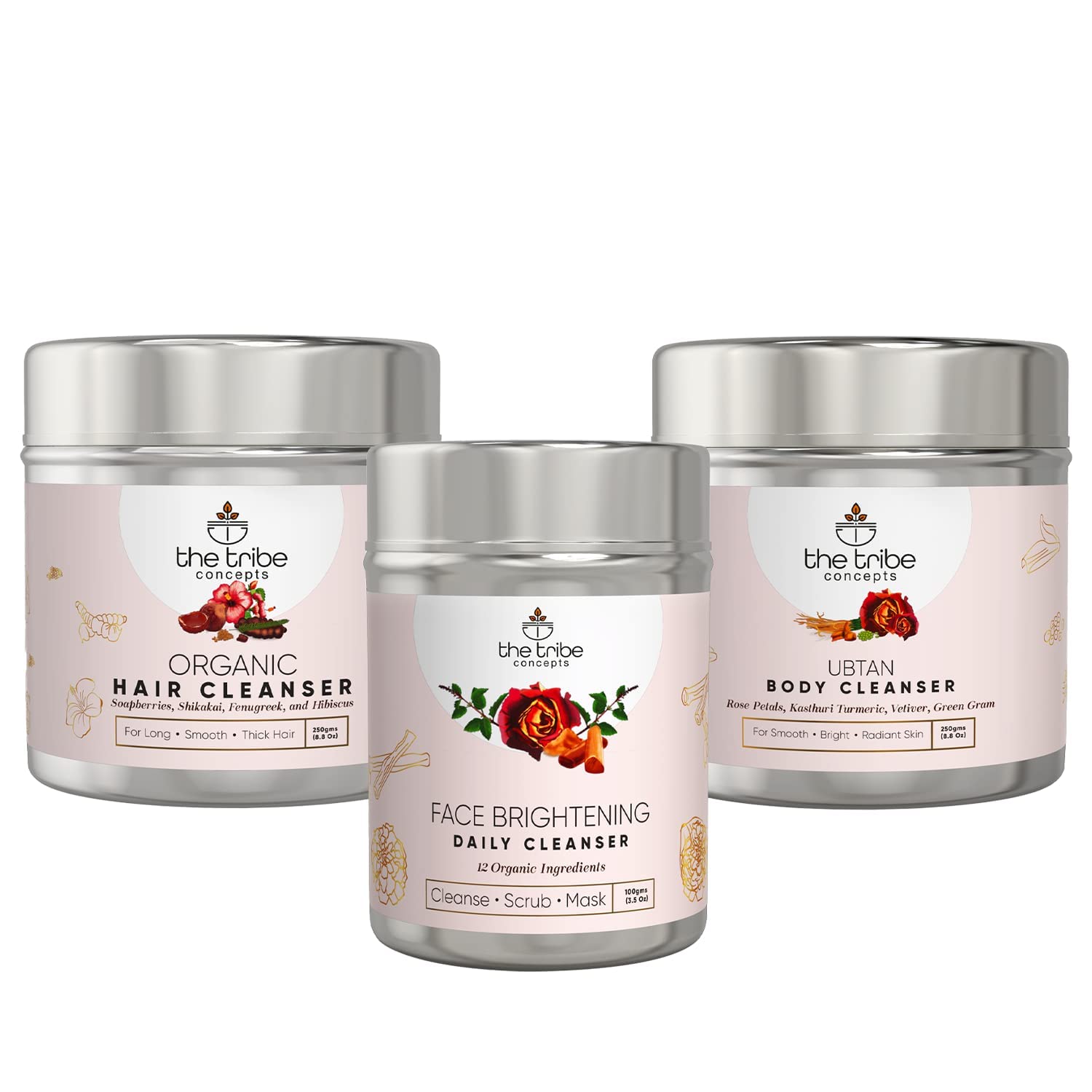 Top-To-Toe Ayurvedic Cleansing Kit - 3 Natural Cleansers (100g Daily Face Wash + 250g Hair Shampoo + 250g Body Wash) in Eco-Friendly Tin Packaging - Perfect for Holistic Skincare & Haircare Routine