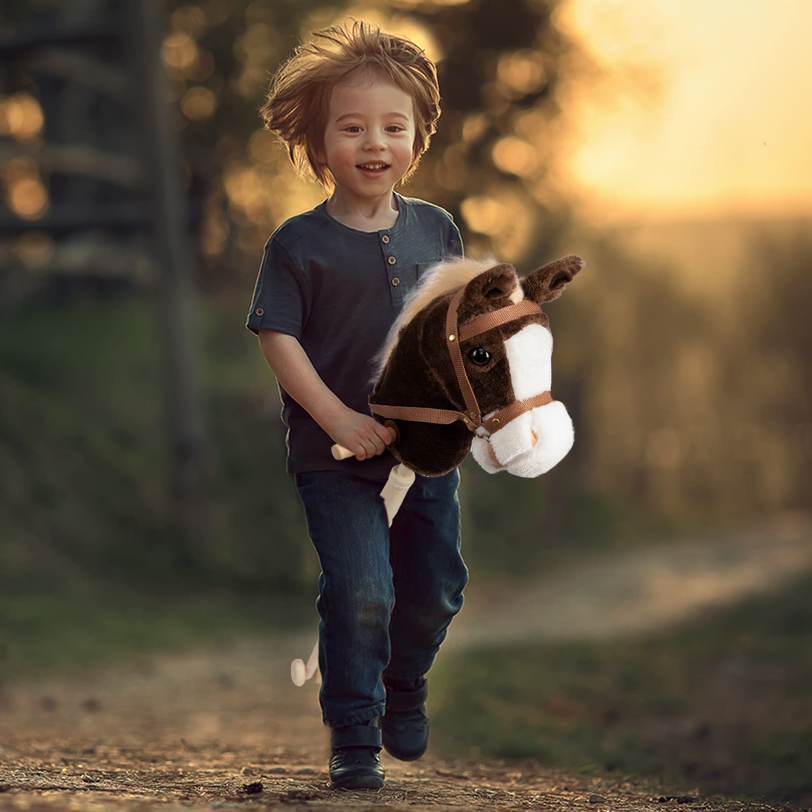 Handcrafted Stick Horse Plush Toy with Wood Wheels & Real Neighing Sounds - 36 Inch Plush Hobby Horse for Kids & Toddlers (AA Batteries Required) - Perfect for Imaginative Play, Birthday Gifts & Outdoor Activities