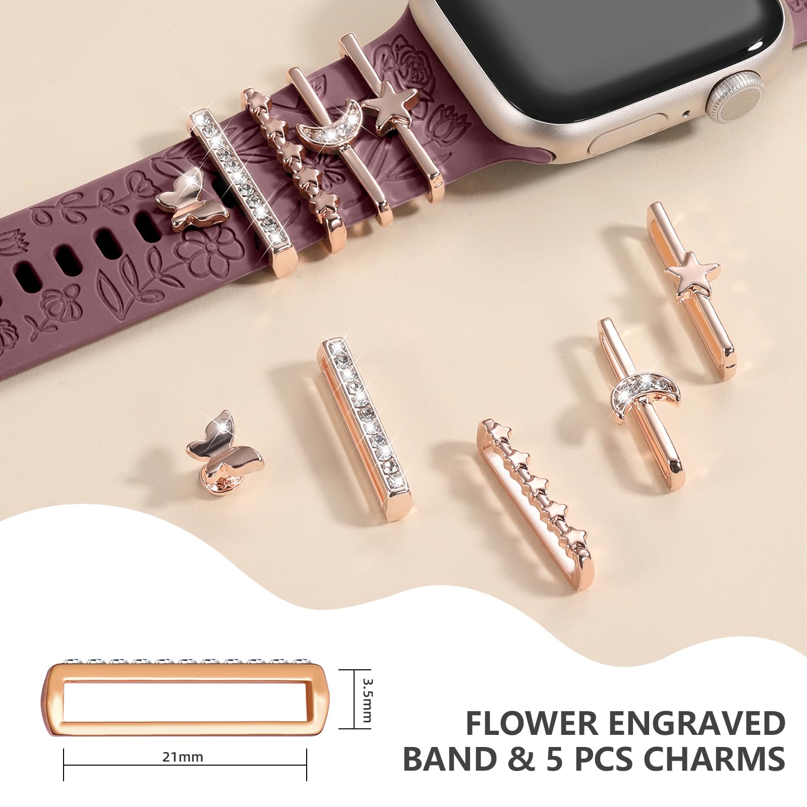 DaQin Floral Engraved Apple Watch Band - Soft Silicone Strap with Charms for Women, Compatible with Apple Watch Series 9/8/7/6/5/4/3/2/1/SE (38mm 40mm 41mm 42mm 44mm 45mm) - Perfect for Workouts, Office Wear & Everyday Fashion Accessory
