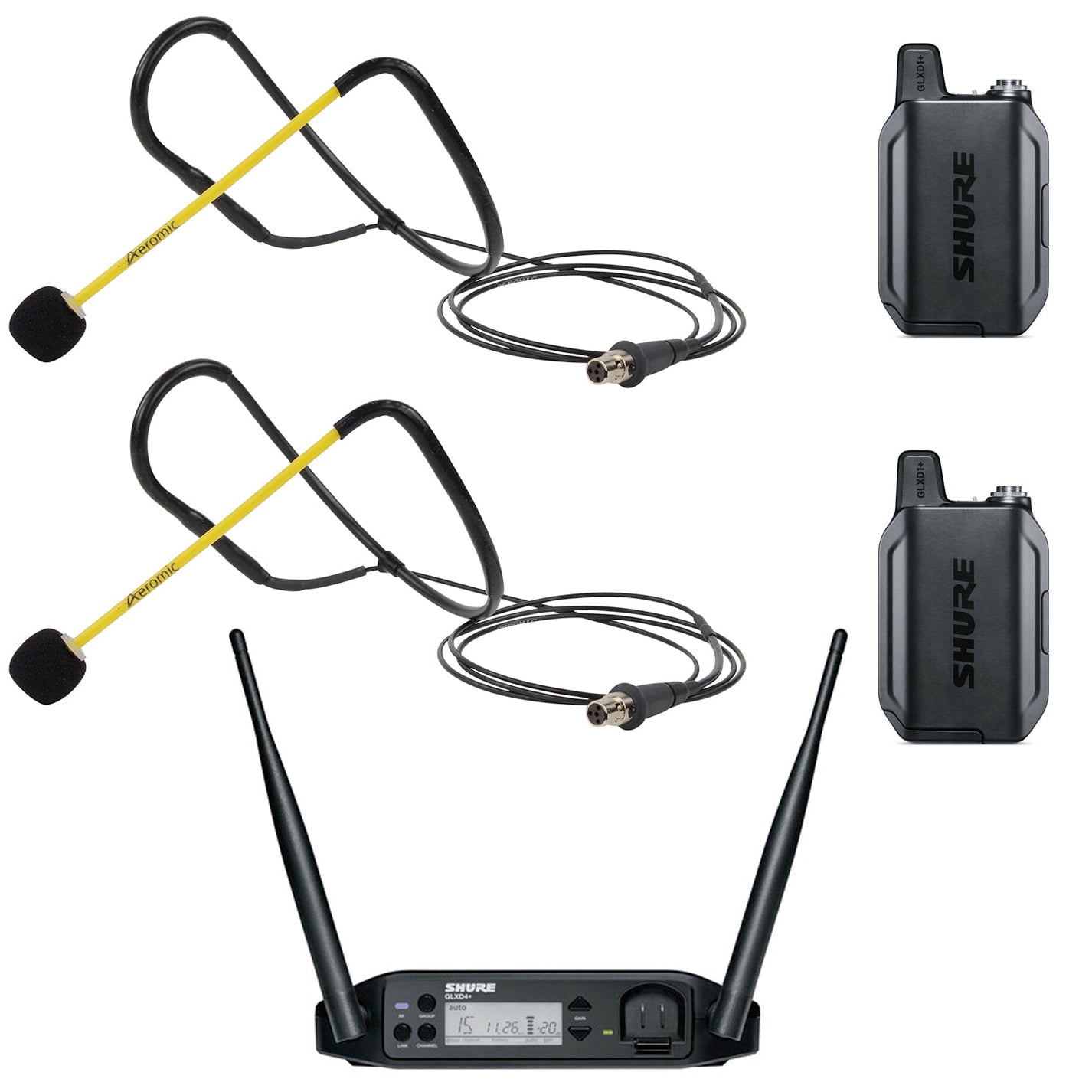 Shure GLXD14+ Digital Wireless Microphone System with 2 Aeromic Fitness Headsets - Professional Grade for Live Performances, Fitness Classes & Studio Recordings