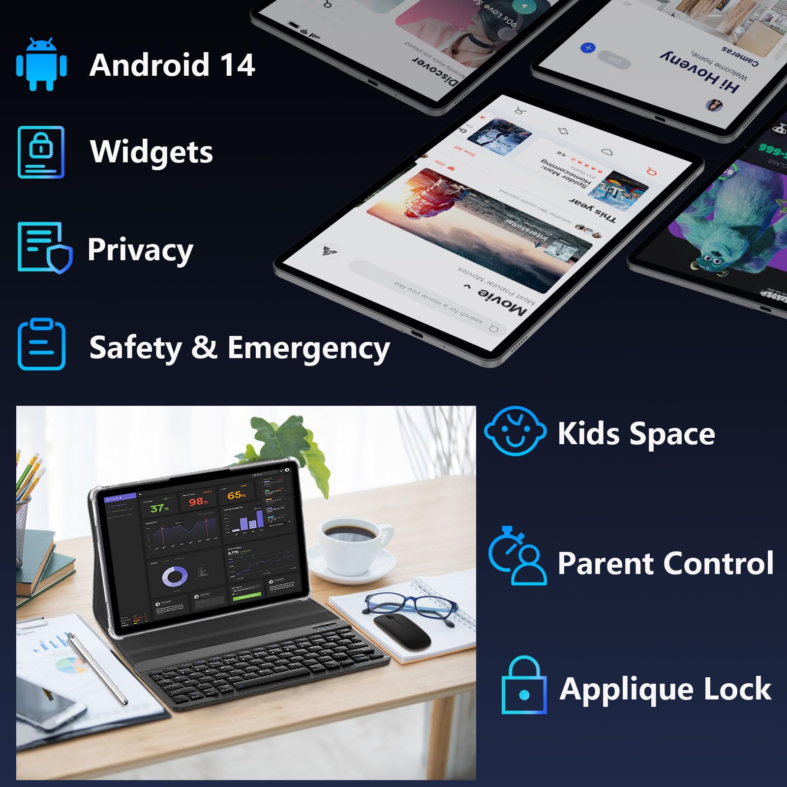11 Inch Android 14 Tablet with Keyboard - 12GB RAM 128GB ROM, Octa-Core Processor, 8000mAh Battery, FHD Display - GPS, WiFi, Bluetooth, Dual Camera (Blue) - Perfect for Work, Study & Entertainment On The Go