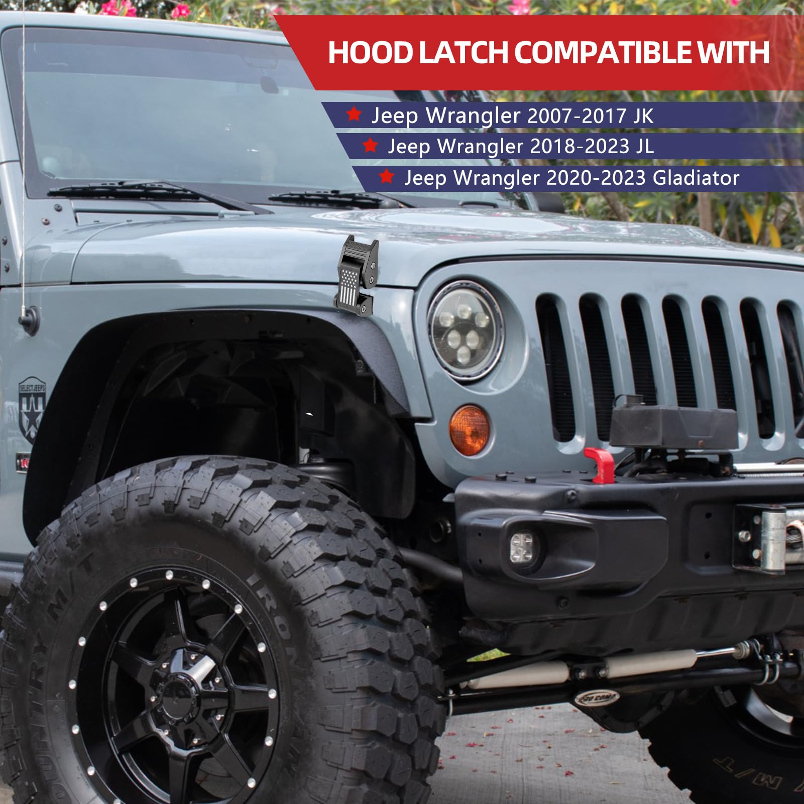 Jeep Wrangler Hood Latches - Aluminum Locking Hood Catch Kit for 2007-2024 JK/JKU/JL/JLU & 2020-2024 Gladiator JT (2Pcs, Black) - Off-Road Protection & Enhanced Security