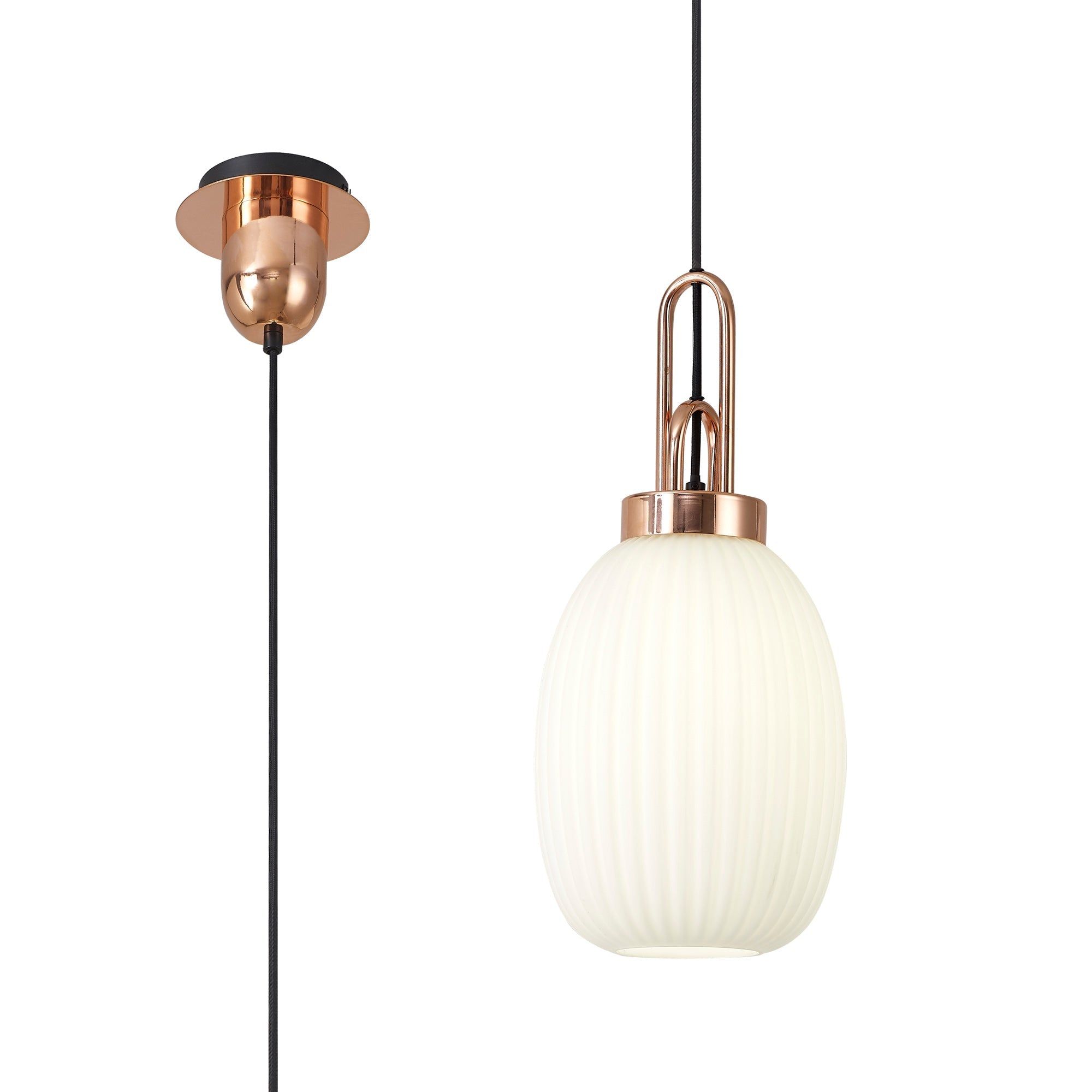 Cadiz 1-Light Pendant Light Fixture with 20cm Almond Ribbed Glass Shade, E27 Socket, IP20 Rated - Perfect for Kitchen Island, Dining Room, or Bedroom Lighting