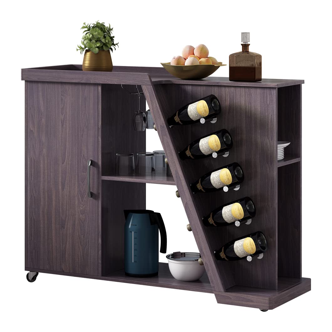 Kitchen Island Cart on Wheels with 5 Wine Rack Holders & Adjustable Shelf - Mobile Kitchen Storage Cart with Lockable Casters, Open Shelves for Dining Room & Home Kitchen Organization | Perfect for Small Spaces, Entertaining & Meal Prep