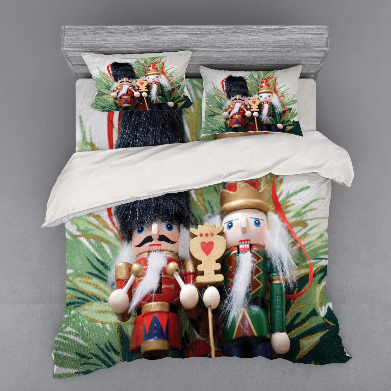 Lunarable Christmas Nutcracker Duvet Cover Set - 4 Piece King Size Bedding with Shams & Fitted Sheet - Festive Holiday Themed Toy Print with Clothes Hats Mustaches - Perfect for Winter Bedroom Decor & Seasonal Home Styling
