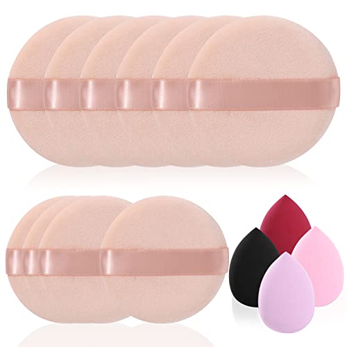 10 Pcs Pure Cotton Powder Puffs - Ultra Soft Washable Makeup Puffs with Ribbon for Face & Body | Includes 4 Bonus Makeup Sponges (Beige) | Perfect for Liquid Foundation, Setting Powder & Body Makeup Application