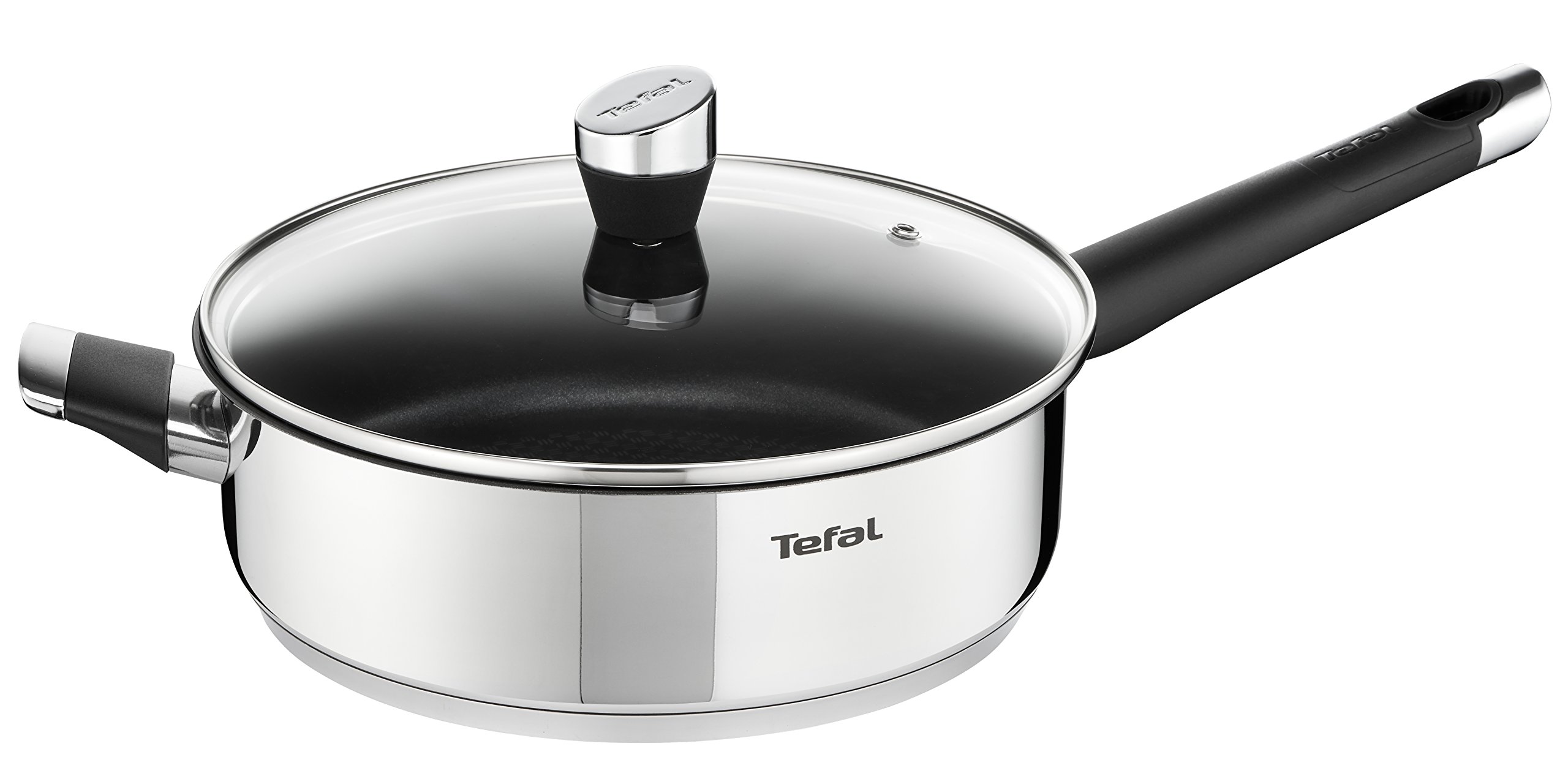 Tefal E82433 Stainless Steel Titanium Saute Pan with Thermo-Spot & Glass Lid - Round Nonstick Frying Pan for Professional Cooking - Perfect for Sautéing, Frying & Simmering in Home Kitchens