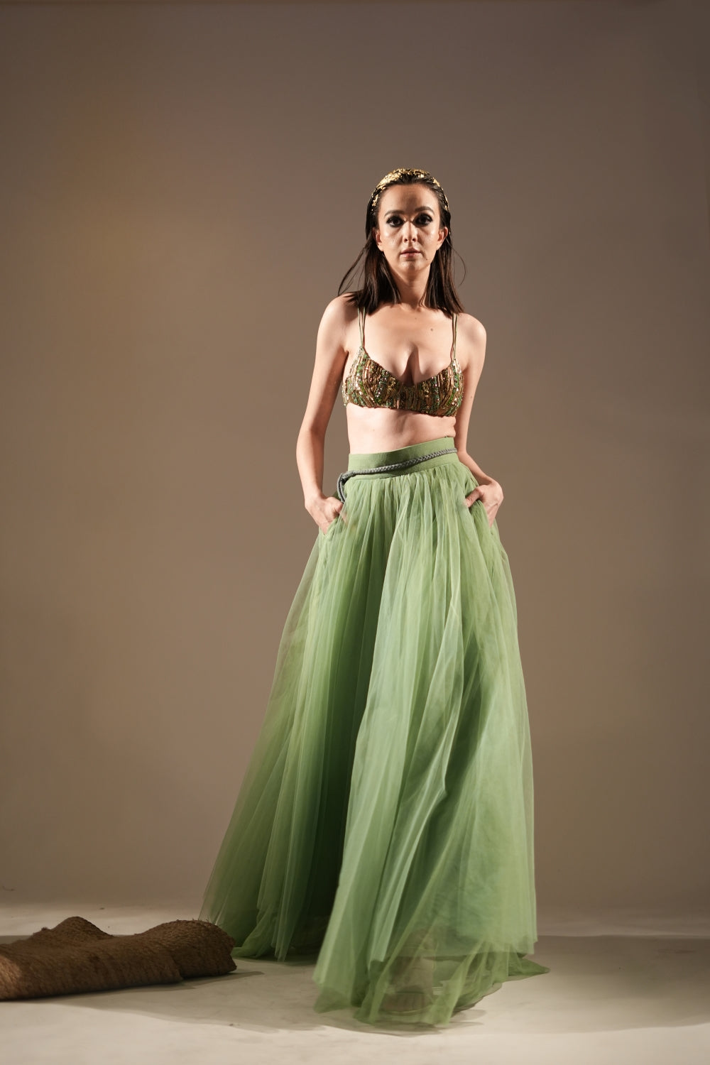 Exquisite Jade Bralette with Metallic Gold Embellishments - Women's Fashion Lingerie for Special Occasions & Boudoir Photography