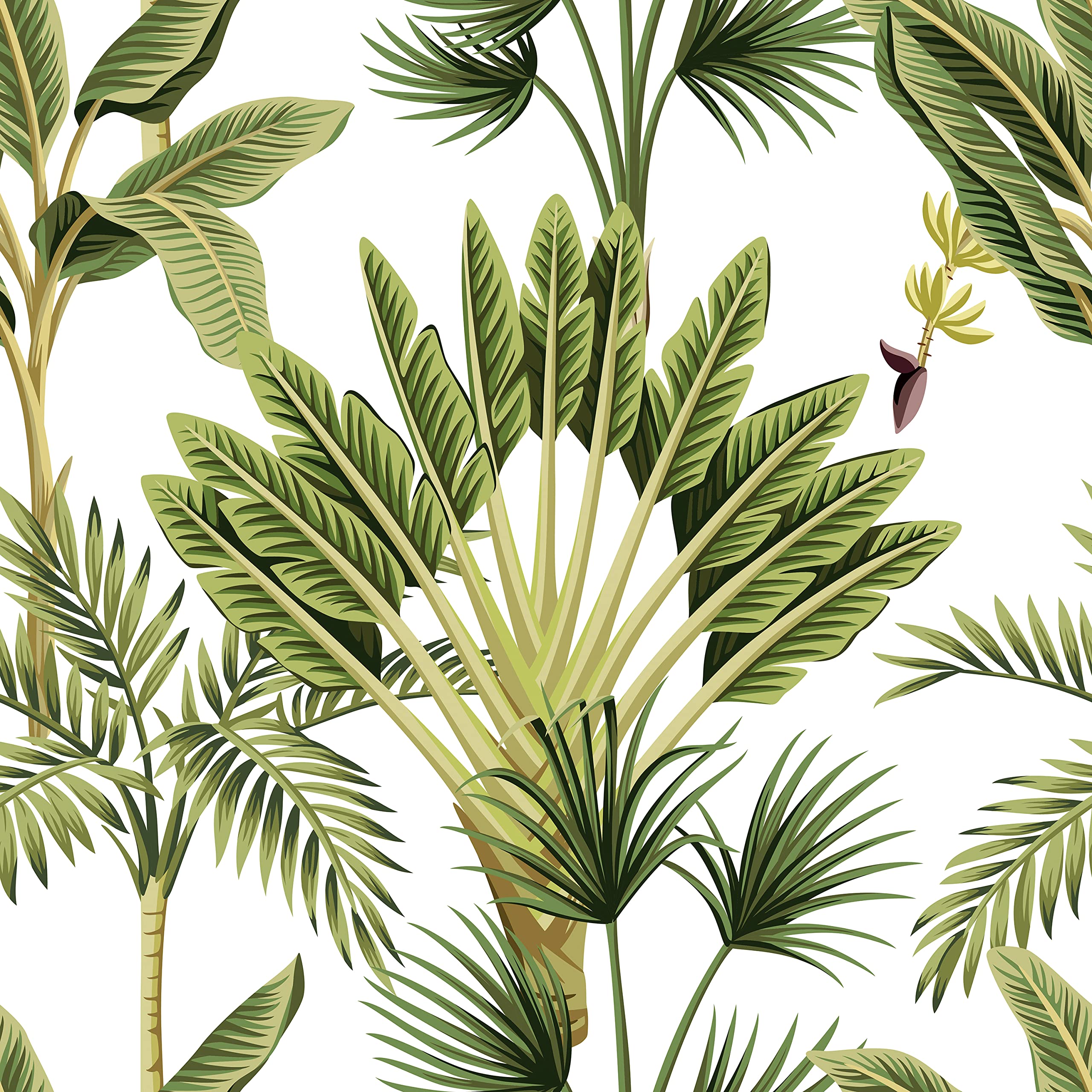 Green Palm Tree & Banana Leaf Peel and Stick Wallpaper - Removable Self-Adhesive Botanical Wallpaper (17.5in x 10ft) for Bathroom, Bedroom, Kids Room, Nursery - Easy DIY Home Decor for Tropical Theme