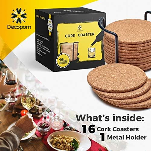 Premium 4-Inch Round Edge Cork Coasters Set of 16 with Metal Storage Caddy - Thick Absorbent Heat-Resistant Reusable Drink Coasters for Wine Glasses, Mugs, and Cold Beverages - Perfect for Home Bars, Restaurants, and Office Use