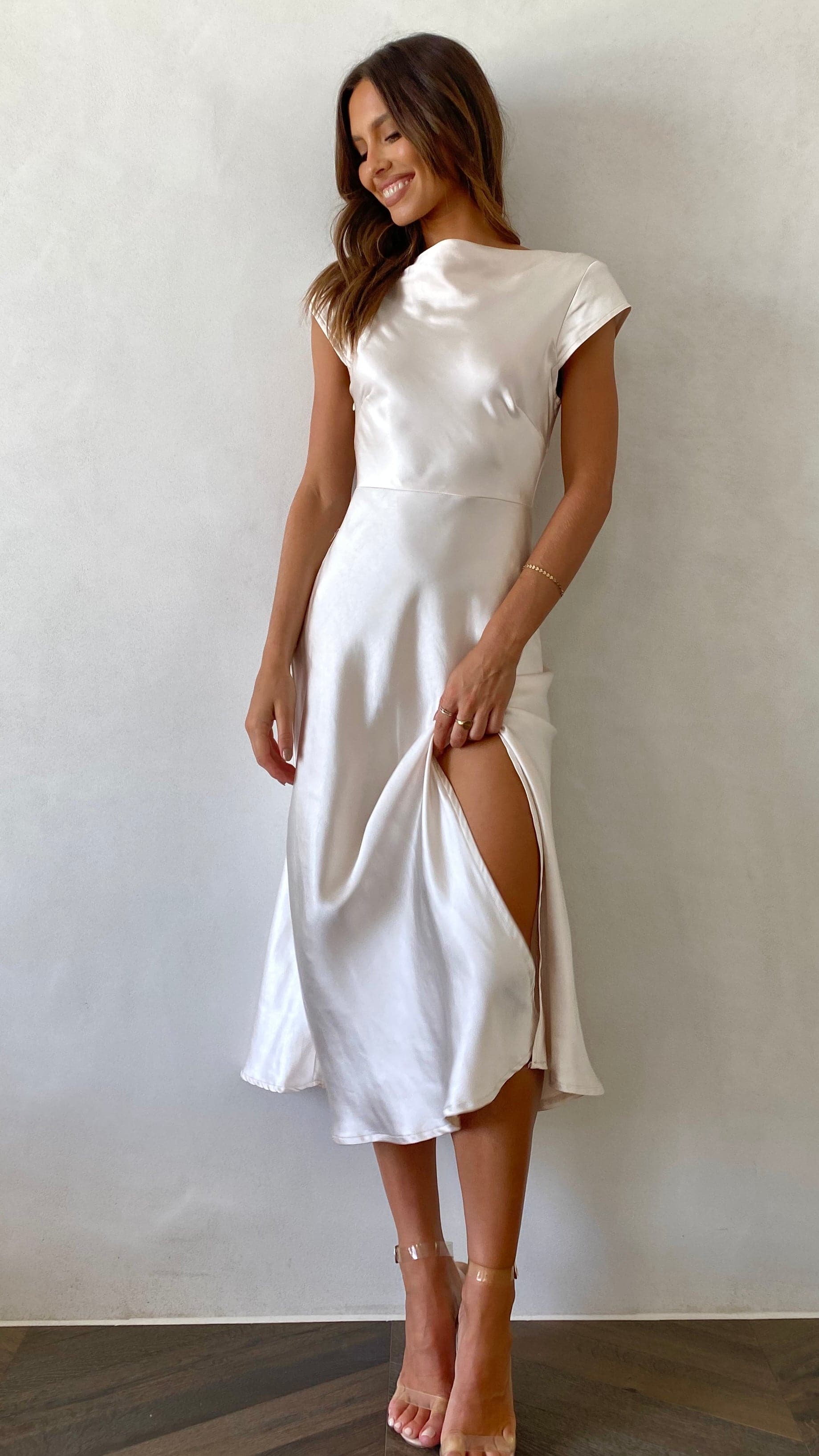 Ivana Midi Dress Elegant Champagne Color for Women - Perfect for Cocktail Parties, Weddings & Evening Events
