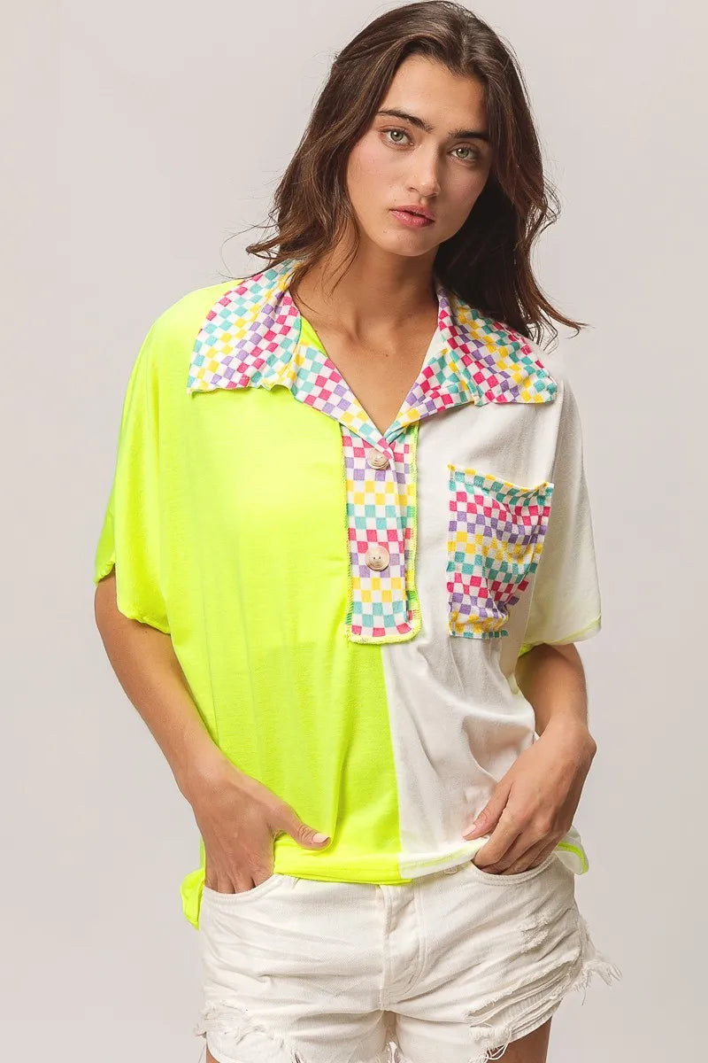 BiBi Color Block Knit Sweater with Multi Checker Contrast Design | Women's Fashion Tops for Casual Wear & Office Outfits