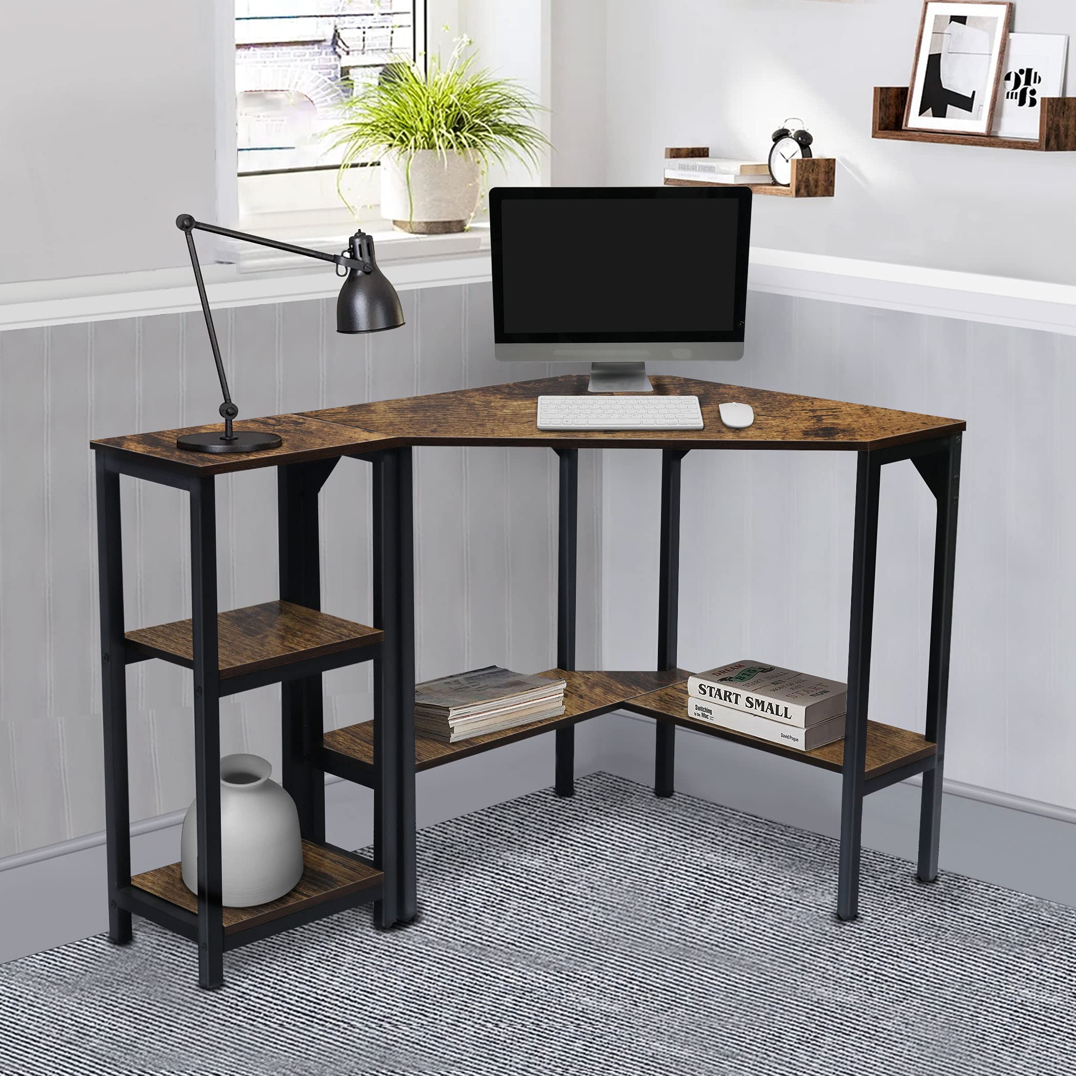 LAVIEVERT Rustic Brown Triangle Corner Desk with Storage Shelves - Compact Computer Desk for Laptop, Writing & Study - Perfect for Small Spaces, Home Office & Dorm Rooms