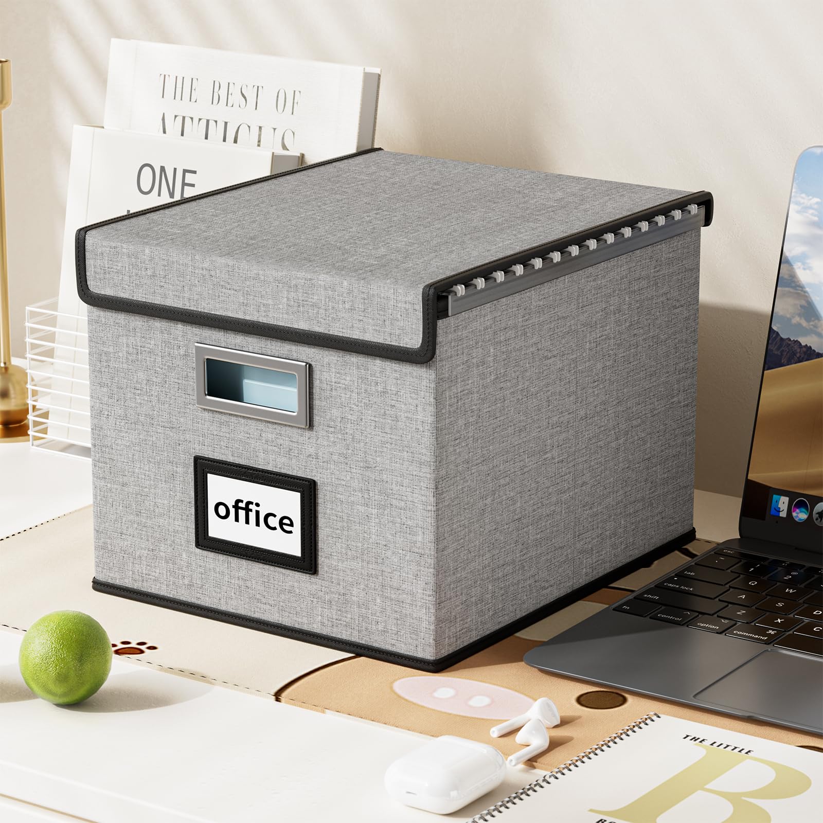 Huolewa Upgraded Collapsible File Storage Organizer Boxes with Lids - Portable Large Linen Hanging Filing Box for Home & Office Organization - Decorative File & Folder Storage System (Grey, 2-Pack) - Perfect for Desk, Closet, and Document Management