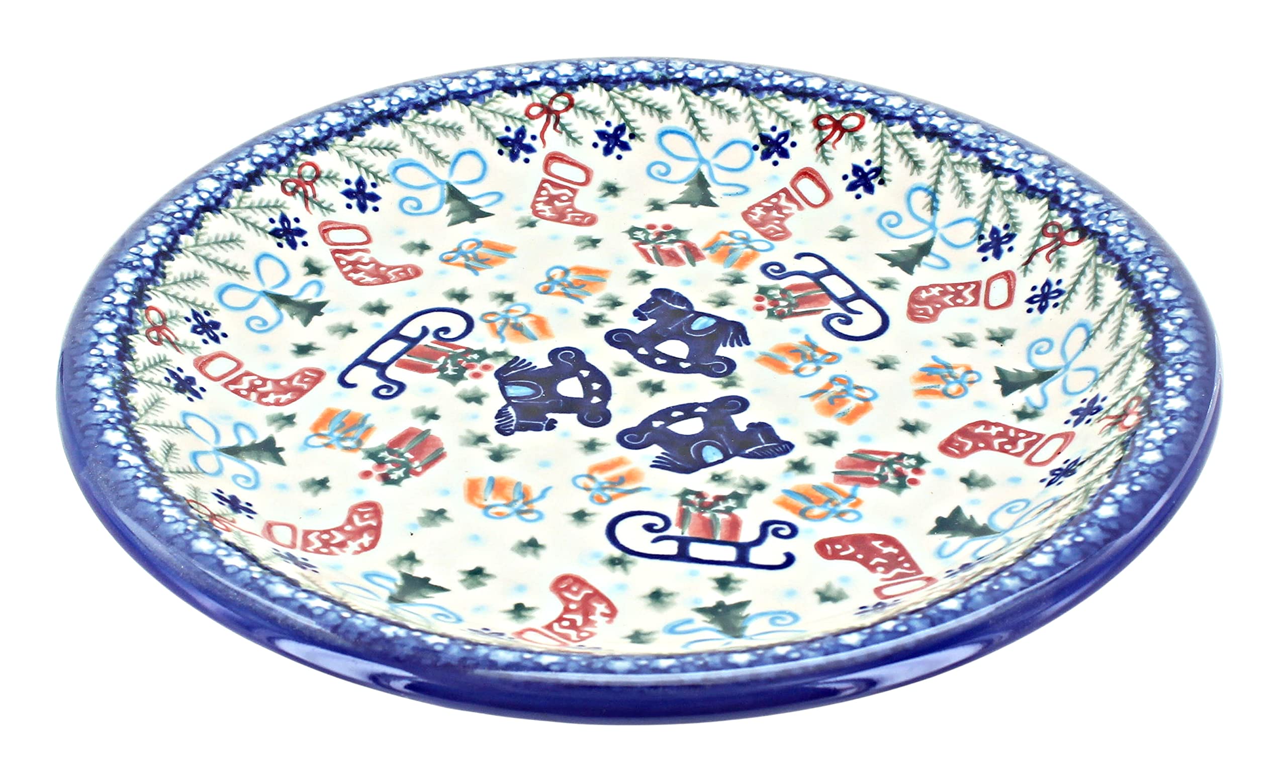 Handmade Blue Rose Polish Pottery Christmas Dinner Plate - Holiday Tableware for Festive Gatherings & Special Occasions