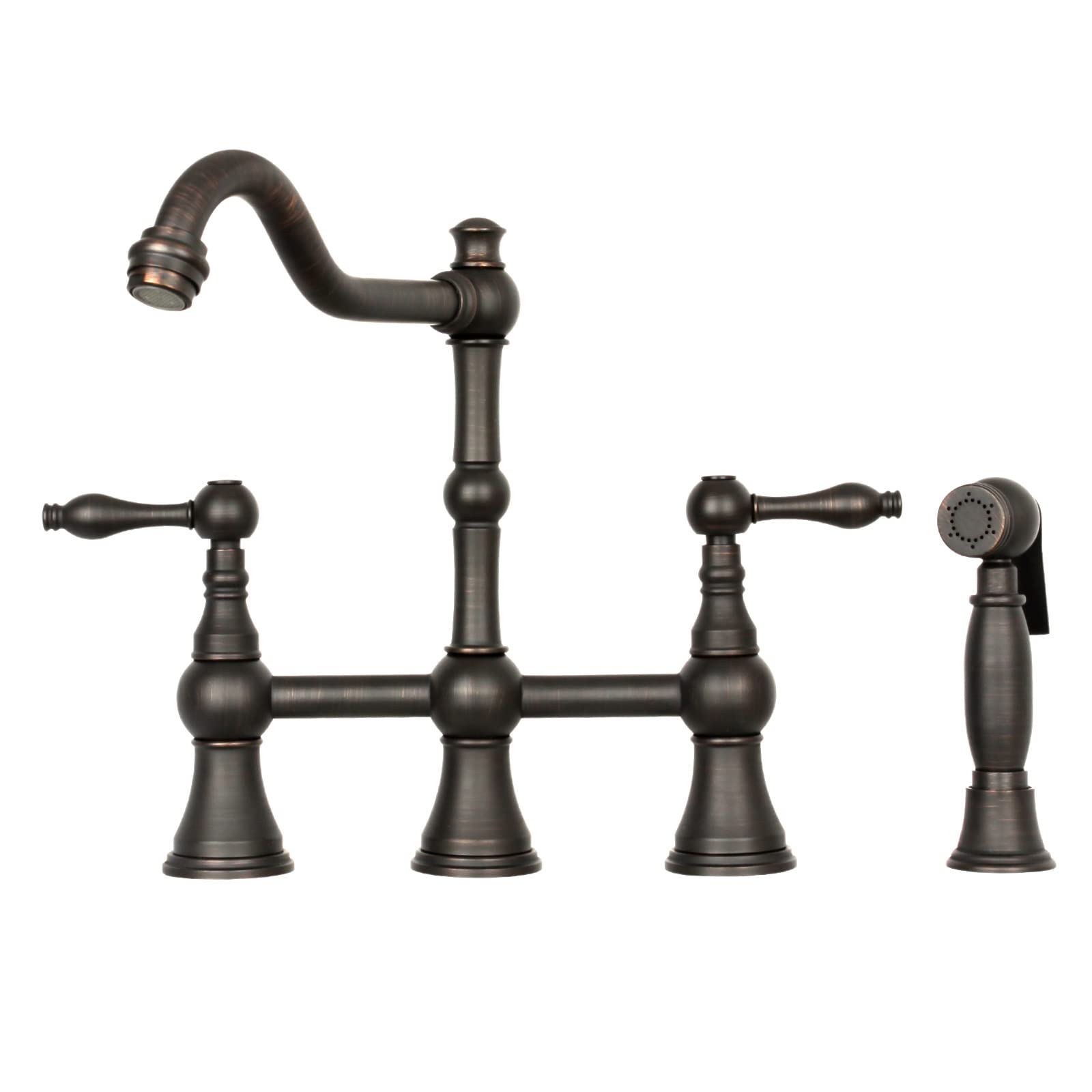 Oil Rubbed Bronze Two-Handle Bridge Kitchen Faucet with Pull-Down Sprayer - Perfect for Farmhouse, Vintage & Industrial Style Kitchens
