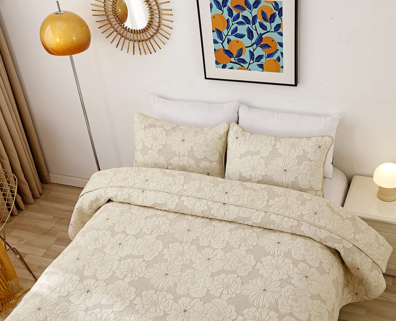 VCTOPS 3-Piece Bohemian Floral Embroidered Quilted Bedspread Set - Queen Size Farmhouse Style Beige Coverlet for Bedroom Decor, Perfect for Country Chic & Cozy Home Aesthetics