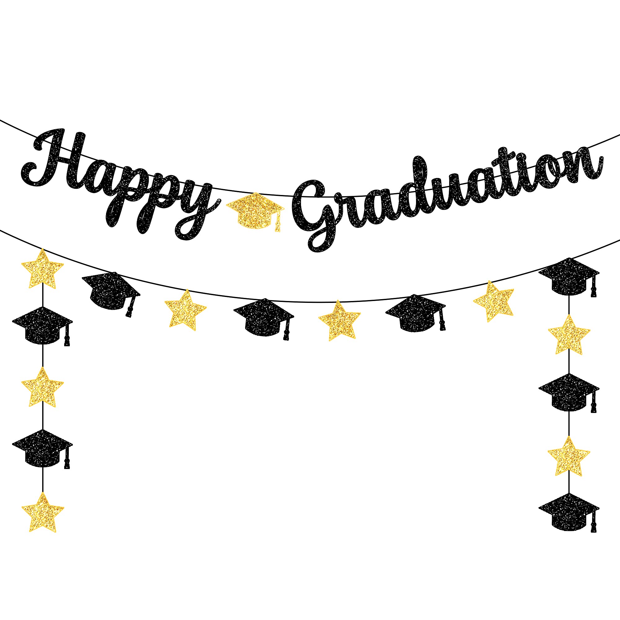 KatchOn Pre-Strung Glitter Graduation Banner - Black & Gold Class of 2025 Decor | No DIY Ready-to-Hang Sign for Graduation Parties, School Events & Home Decorations
